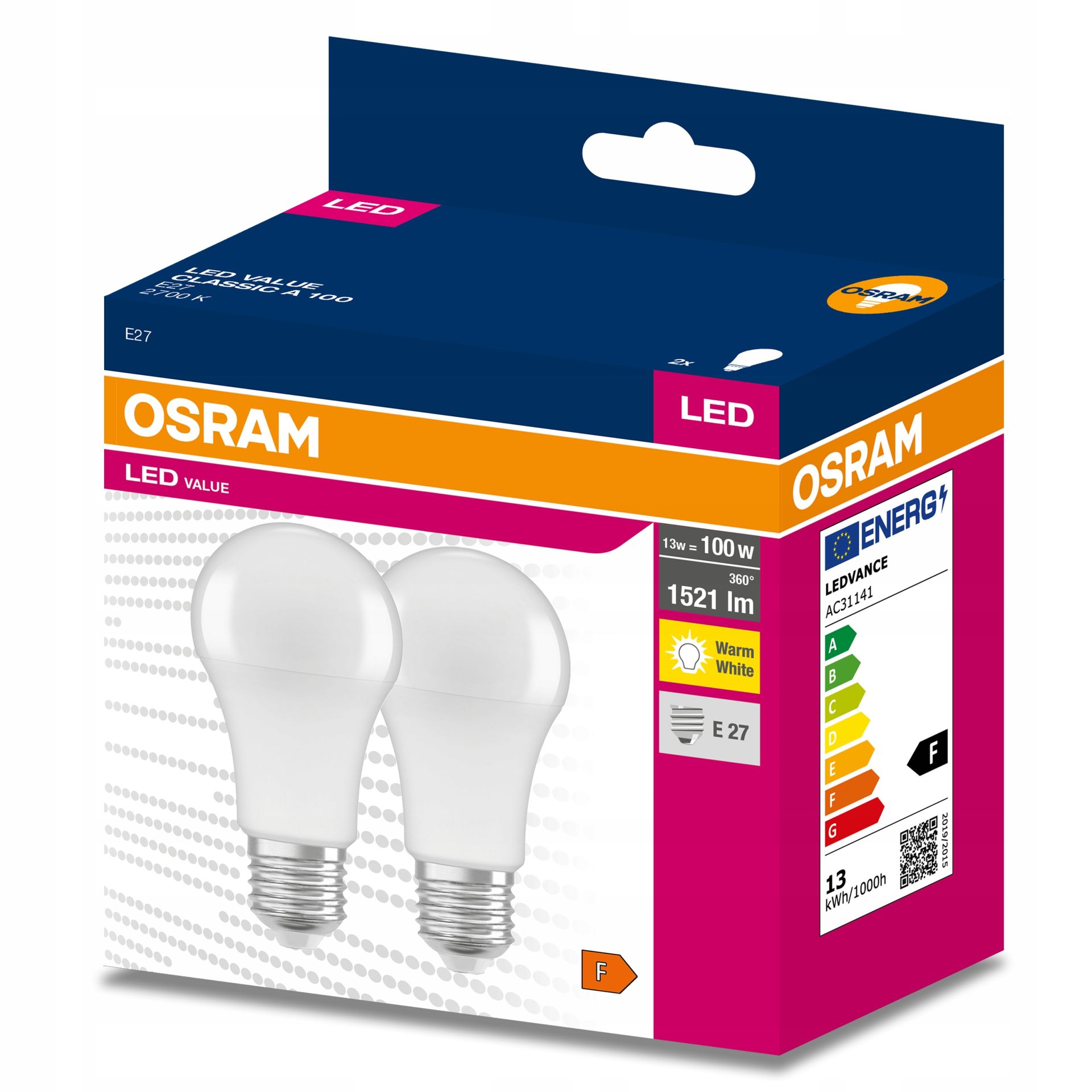 2x Żarówka Led E27 A60 13W 100W 1521lm 2700K Ciepła 200° Osram Value