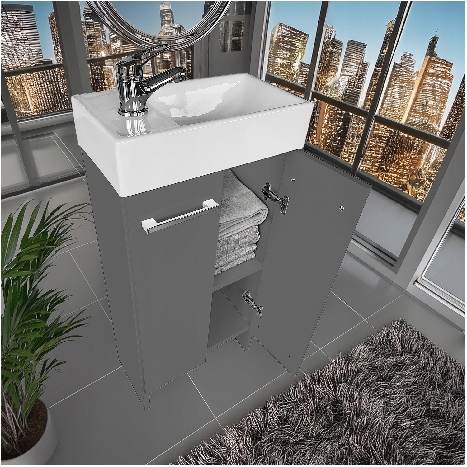 Mała Szafka z Umywalką 40x22cm Stojąca Grafitowa do Łazienki Wc Półka Szara