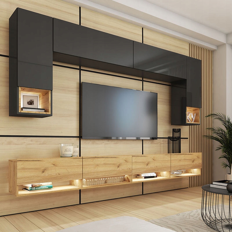 Meblościanka czarny połysk dąb szafki rtv Premium