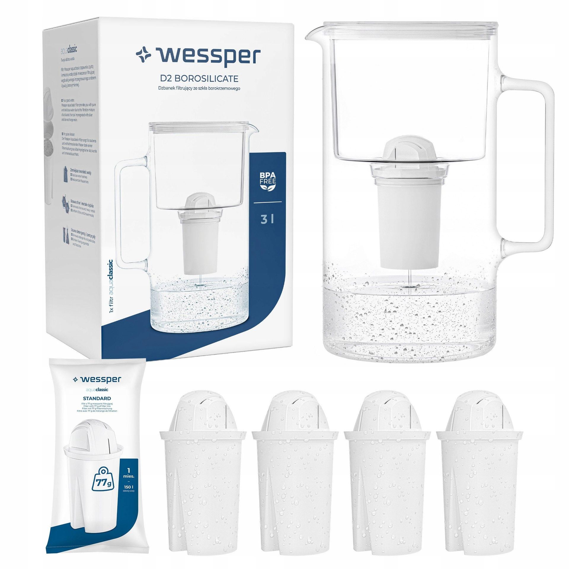 Dzbanek filtrujący szklany Wessper 3l Biały 5x Filtr aquaclassic 77g