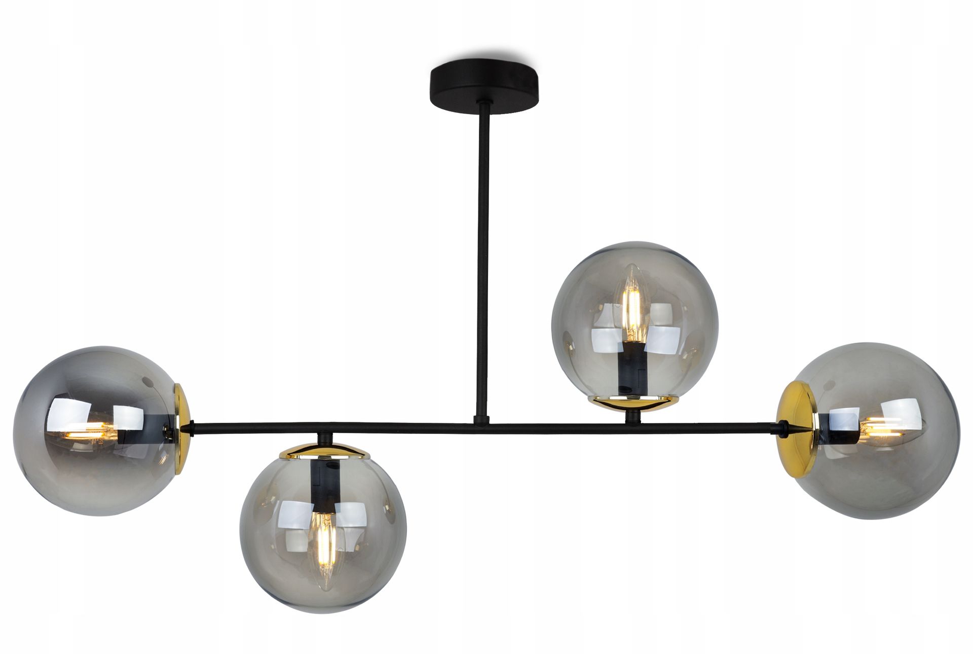 Czarno złoty plafon 4 klosze Tuluza dymione kule do jadalni lub kuchni
