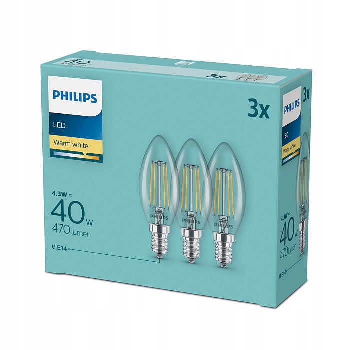 3x Żarówka E14 Philips Led 4W 40W Filament Retro