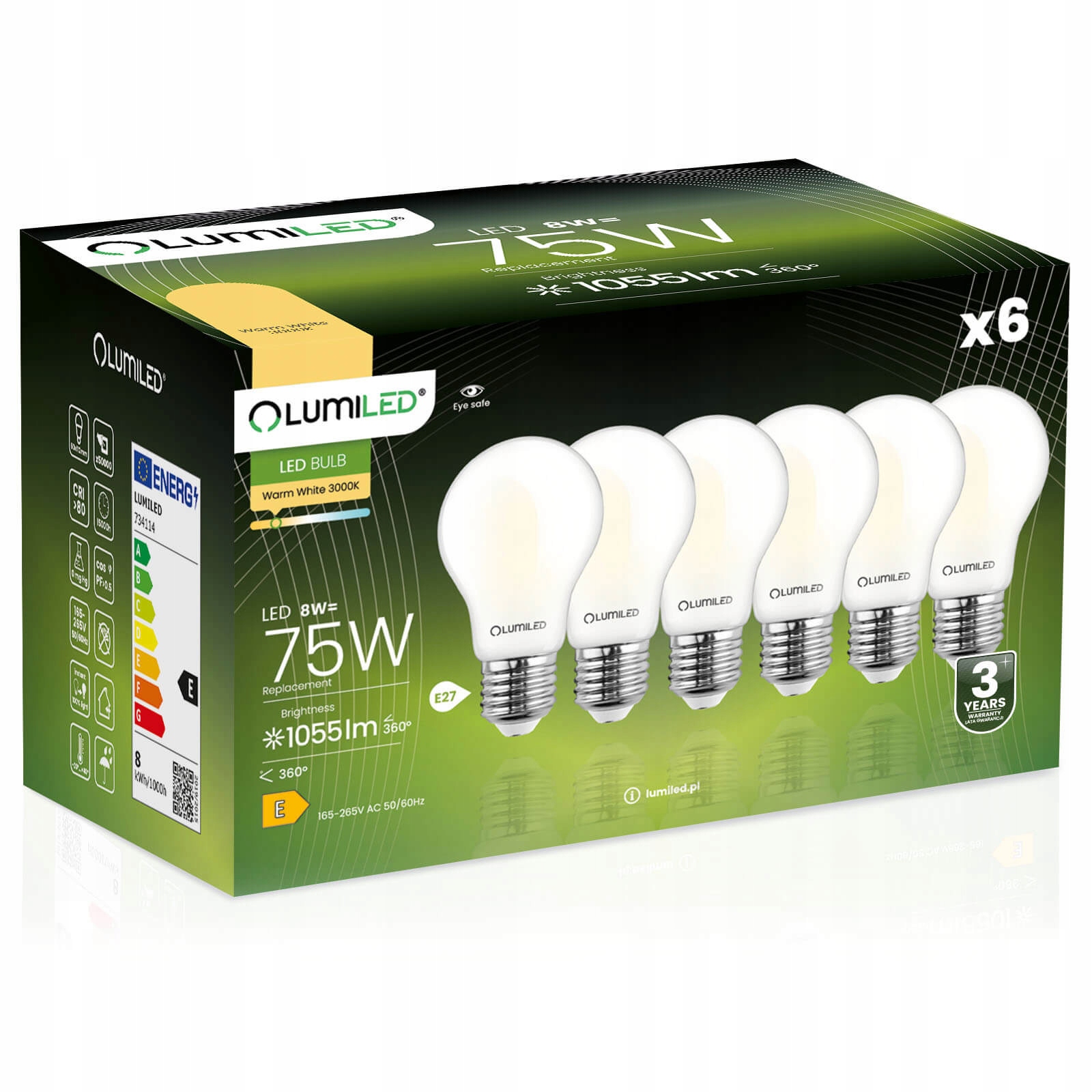 6x Żarówka Led E27 8W 75W 1055lm 3000K Ciepła Biała Filament Mleczny