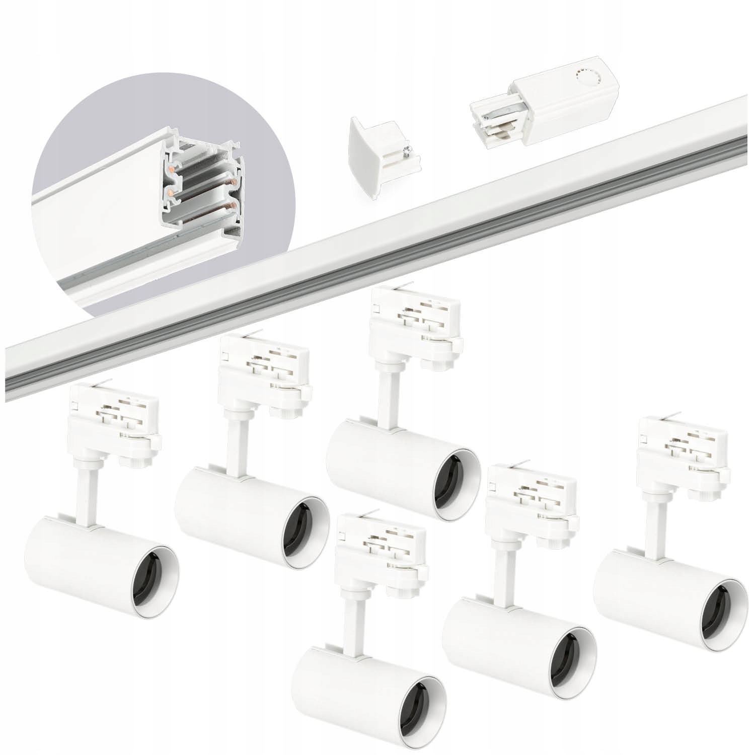 Zestaw szynowy 3 fazowy szyna 2m, 6x Lampa Biały kompletny zestaw