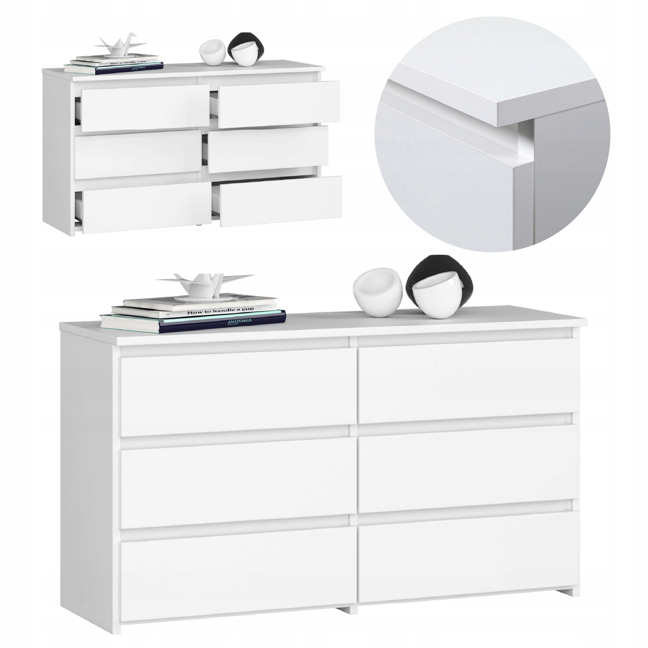 Komoda bezuchwytowa CL 100 cm 6 szuflad szafka klasyczna do salonu Biała