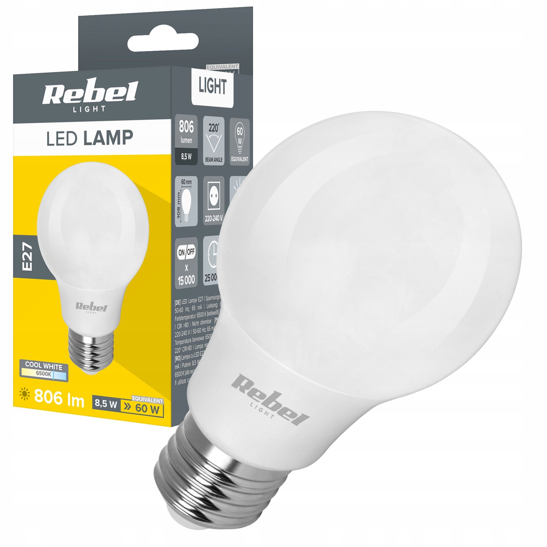 Żarówka lampa Led 8,5W E27 A60 806lm 6500K Rebel