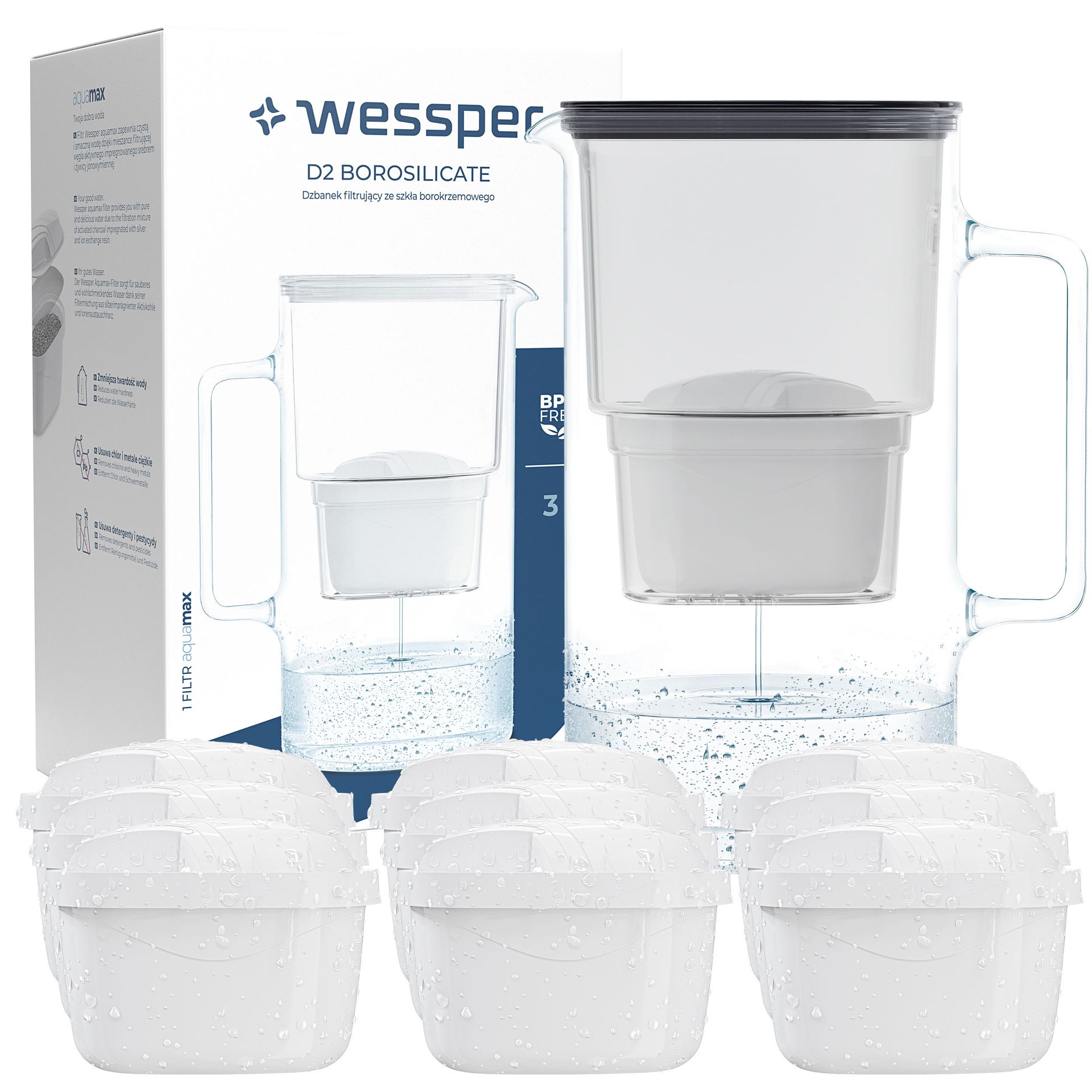 Dzbanek filtrujący szklany Wessper AquaMax 3l 10x Filtr do wody