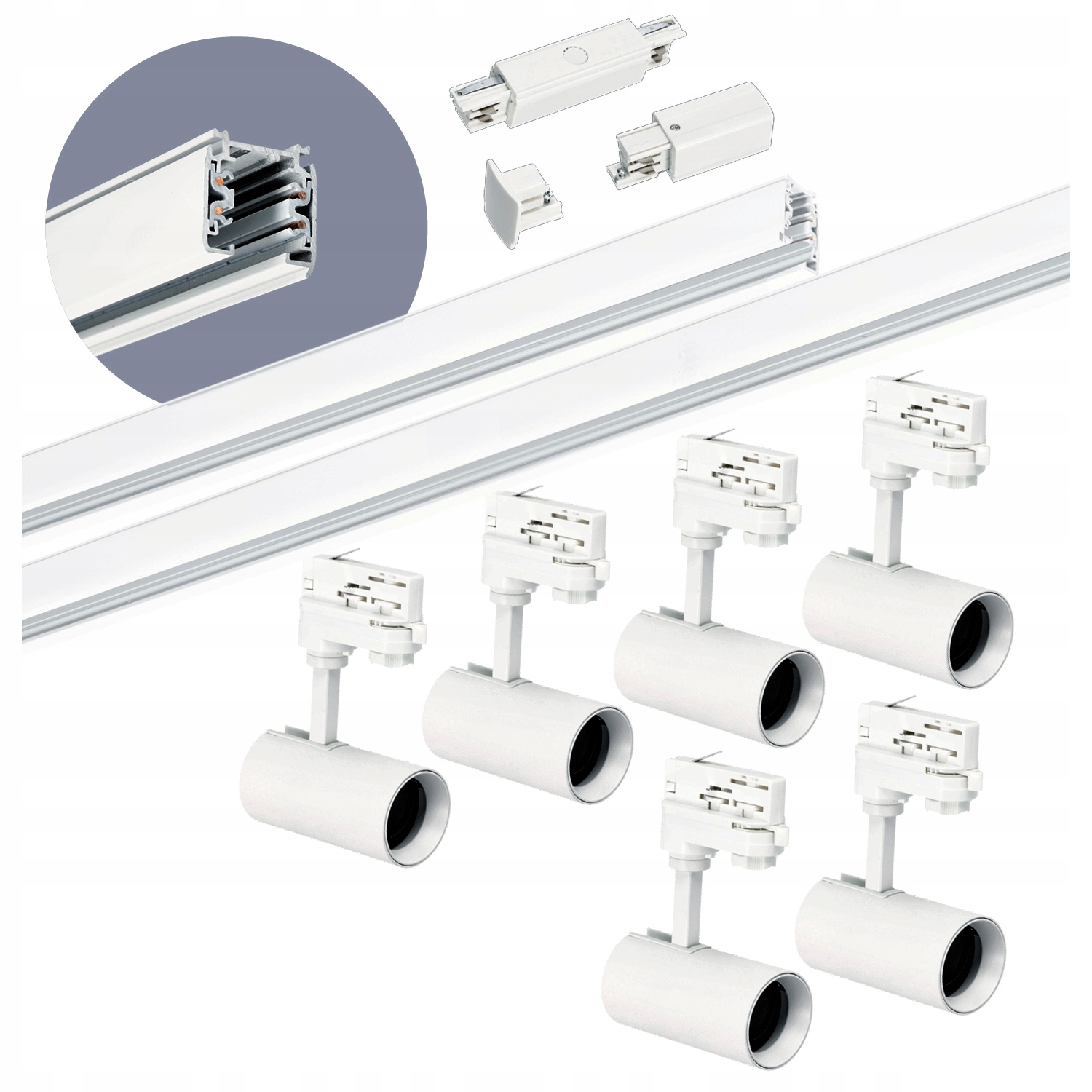 Zestaw szynowy 3 fazowy szyna 1m+2m, 6x Lampa, łącznik prosty Biały komplet