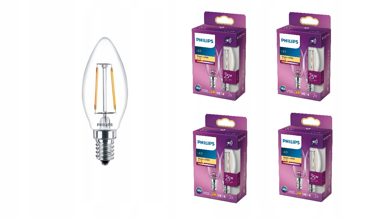 8x Żarówka E14 Philips Led 2W 25W Filament Retro
