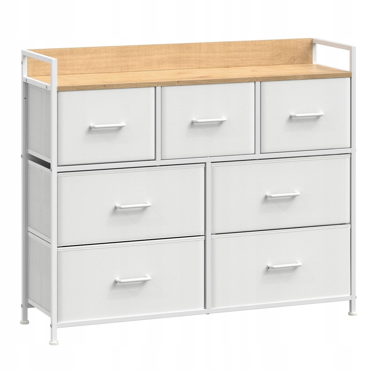 Skandynawska biała komoda szafka z 7 materiałowych szuflad blat koloru dębu