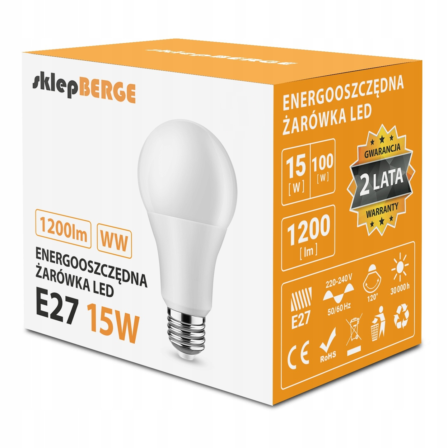 Żarówka Led E27 15W 1200lm Barwa Ciepła 3000K SMD2835 230V Mocne Światło