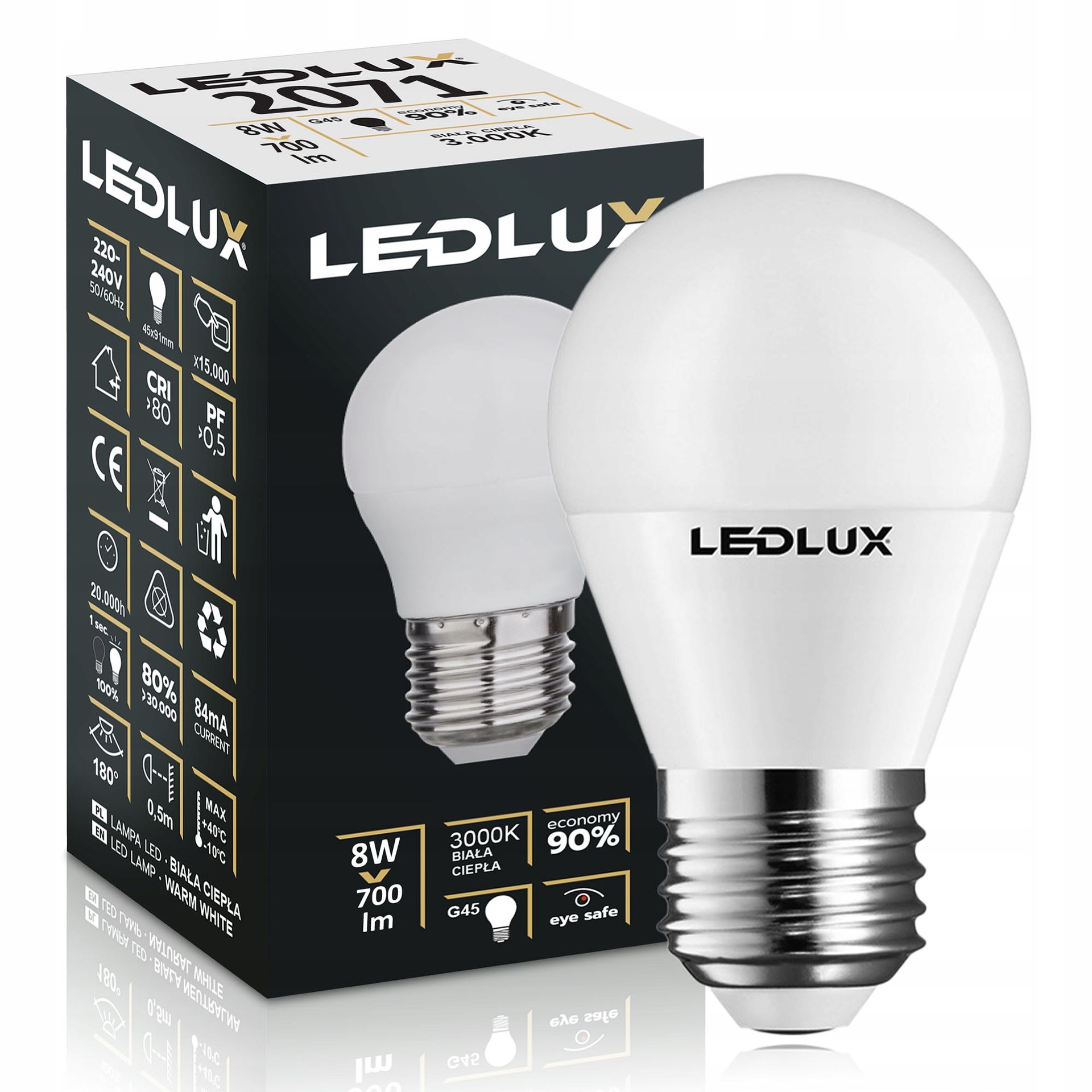 Żarówka E27 G45 8W =80W 3000K ciepła Premium Ledlux nie mruga Zestaw Kulka