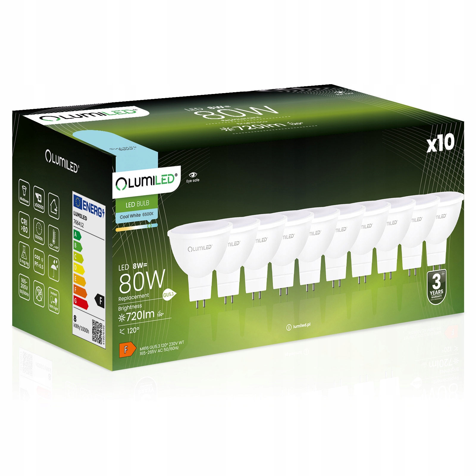 10x Żarówka Led GU5.3 MR16 8W 80W 720lm 6500K Zimna 120° Lumiled