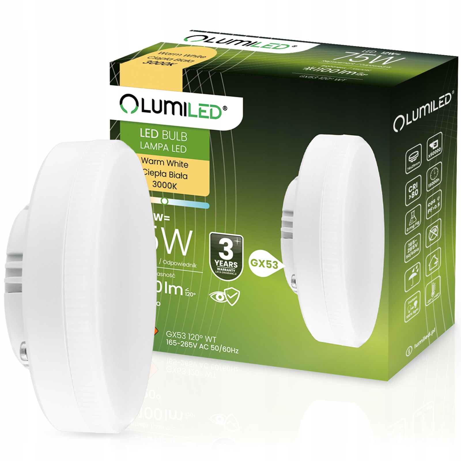 Żarówka Led GX53 12W 75W 1100lm 3000K Ciepła 120° Mocna Jasna Wydajna