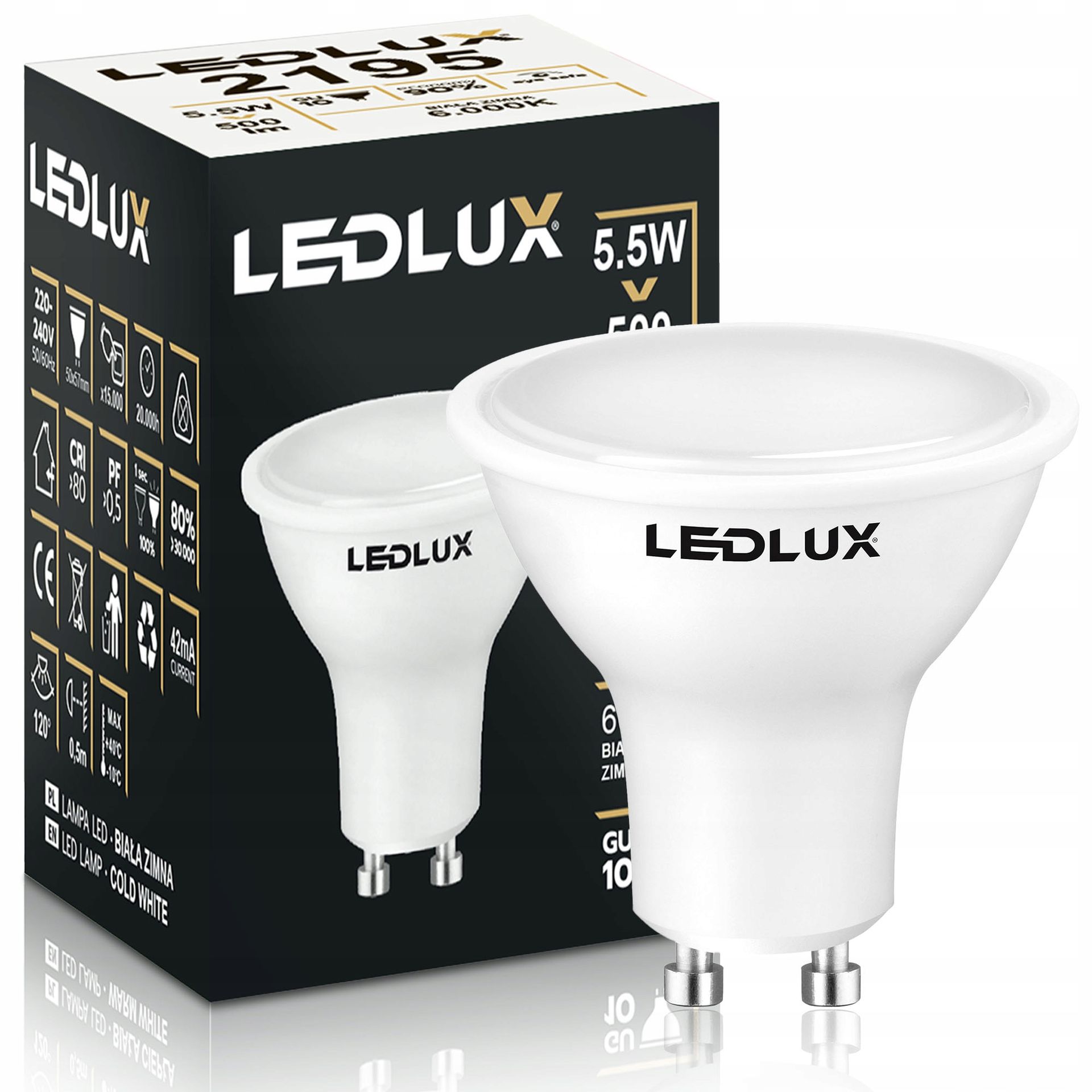 Żarówka Led GU10 5,5W =50W Smd 6000K zimna Premium Ledlux nie mruga
