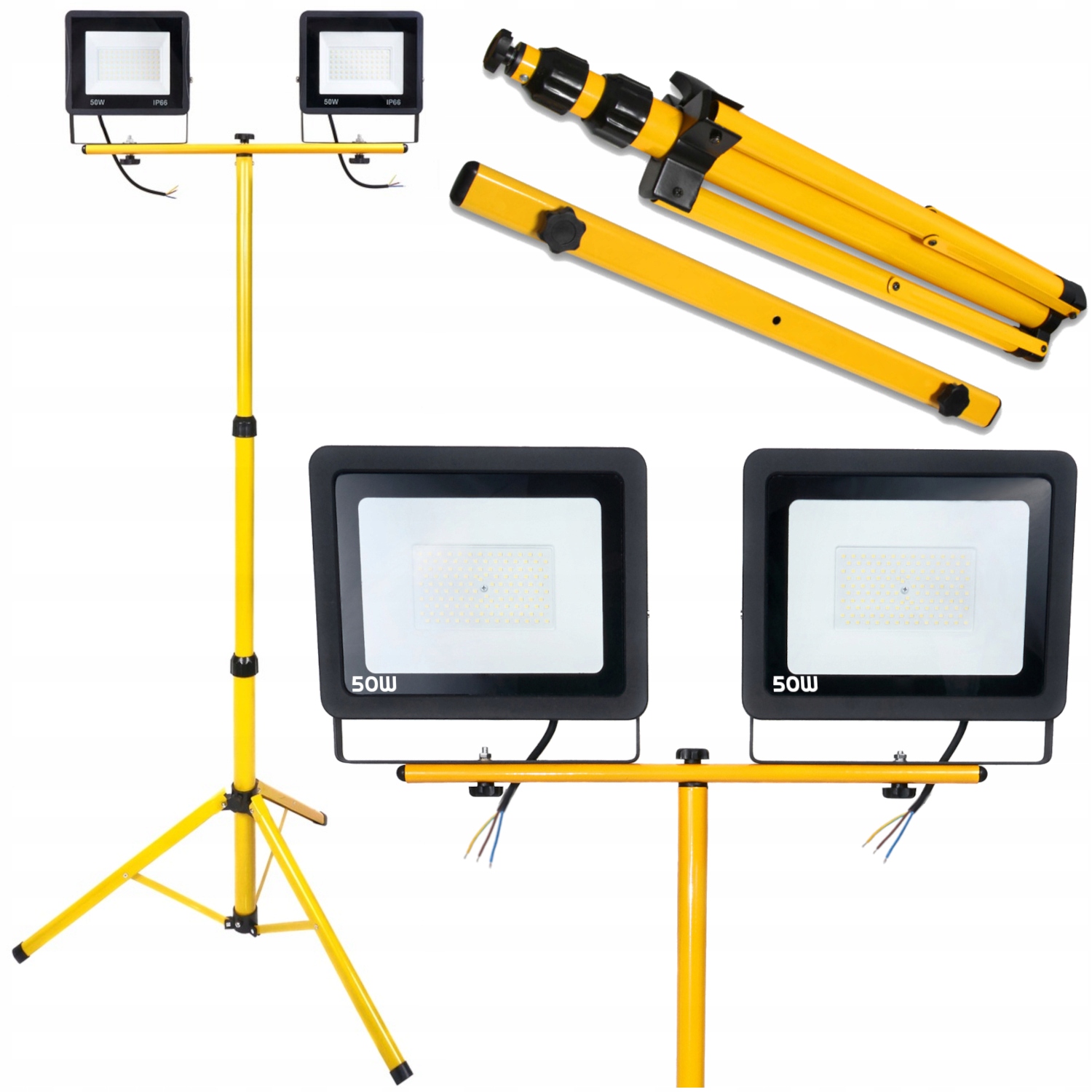Halogen Naświetlacz Led 2x 50W IP65 Statyw 140cm Stabilny Do Remontów