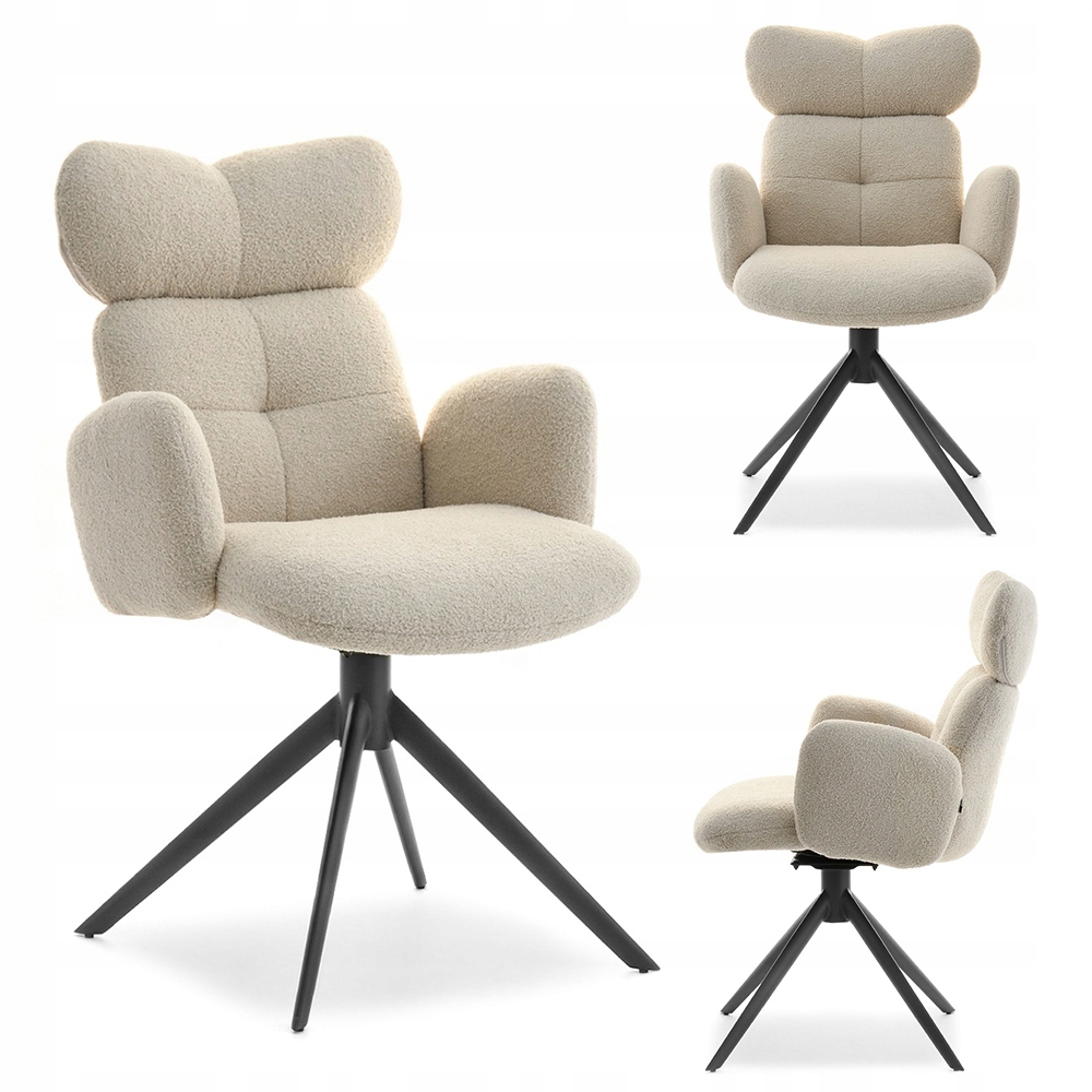Designerskie Krzesło Boucle Z Podłokietnikami Zagłówkem Obrót Madeline Beż