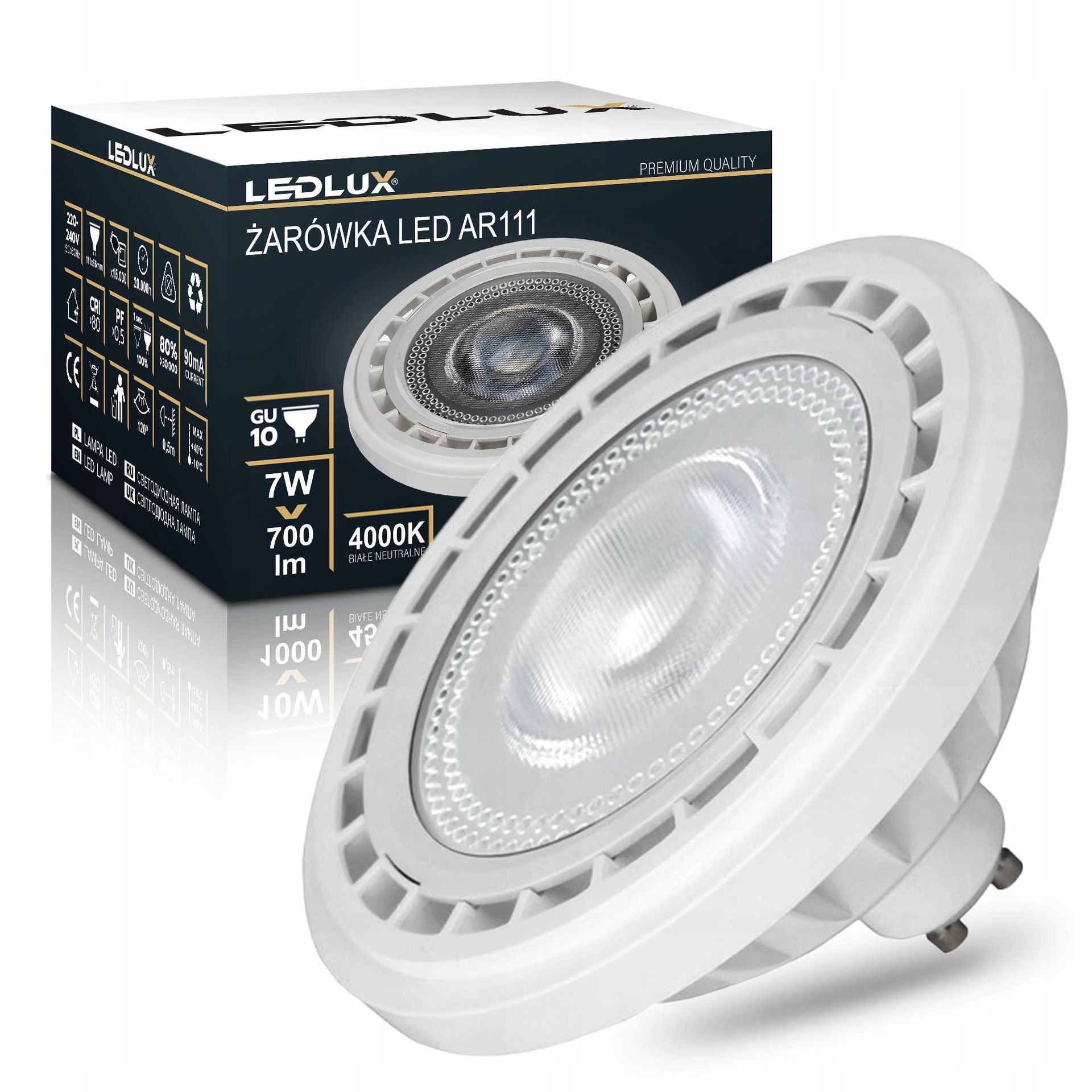 Żarówka Led AR111 7W =70W 4000K GU10 Neutralna Premium Ledlux nie mruga