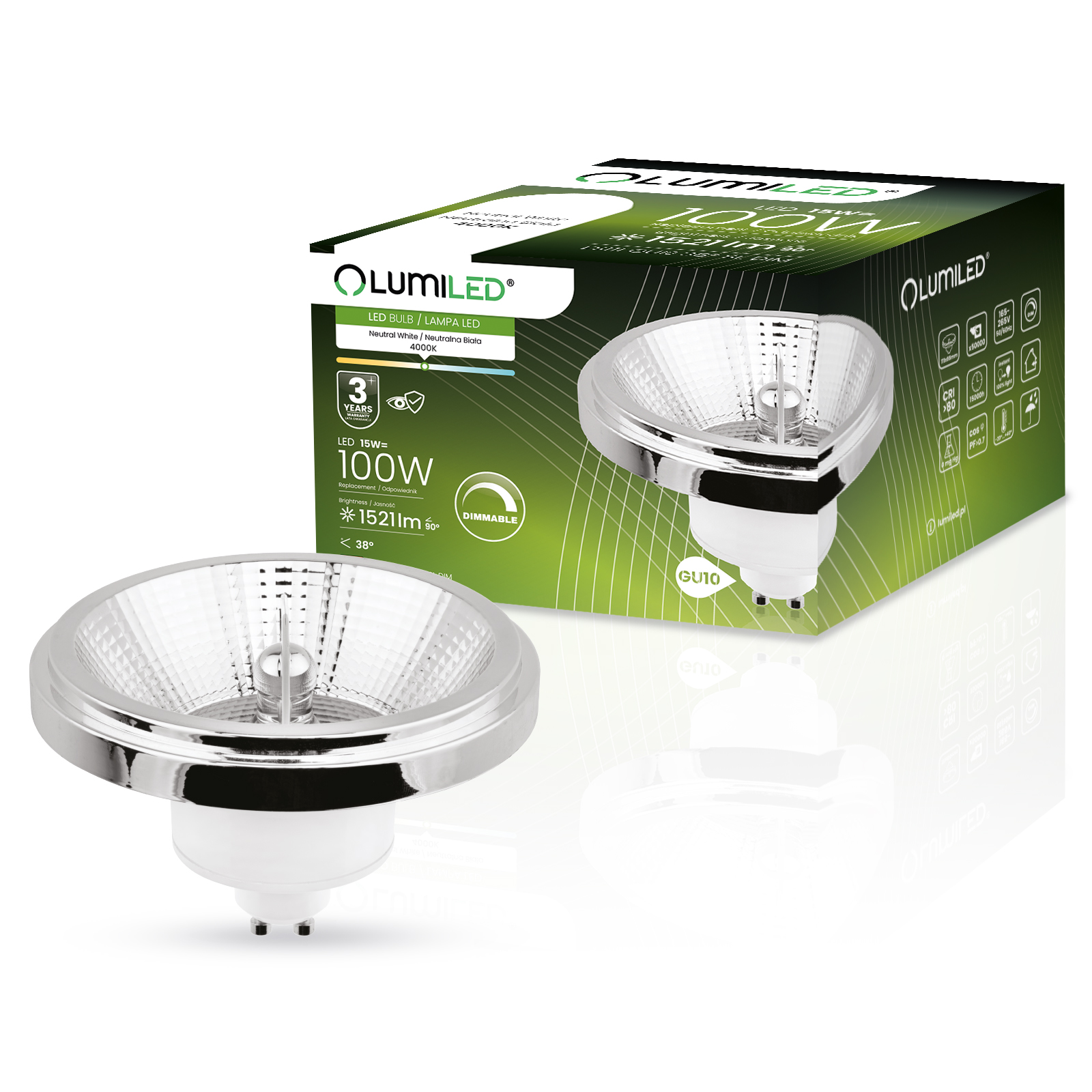 Żarówka Led GU10 AR111 15W 100W Ściemnialna 4000K Neutralna 38° Srebrna