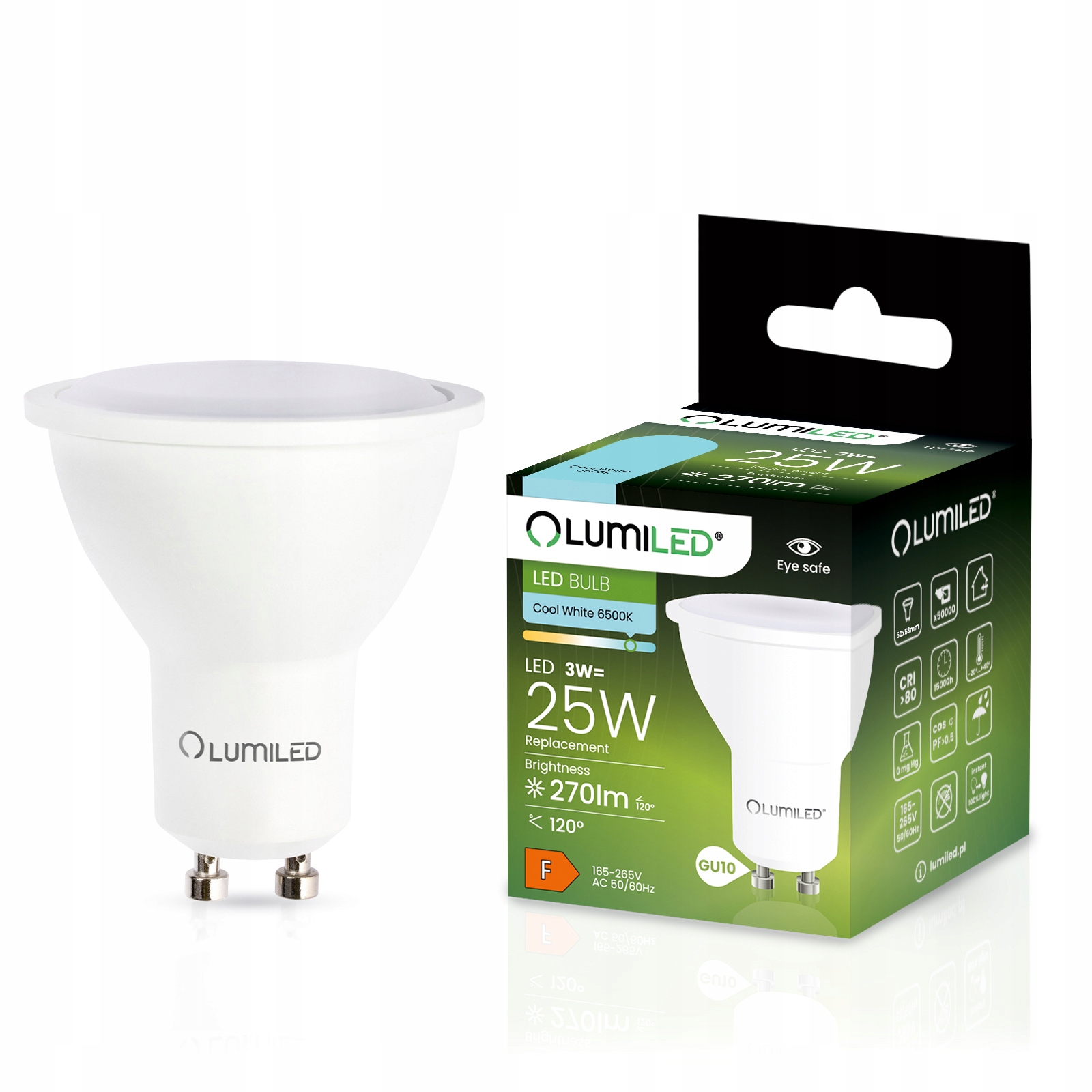 Żarówka Led GU10 3W 25W 270lm 6500K Biała Zimna 120° Premium Lumiled