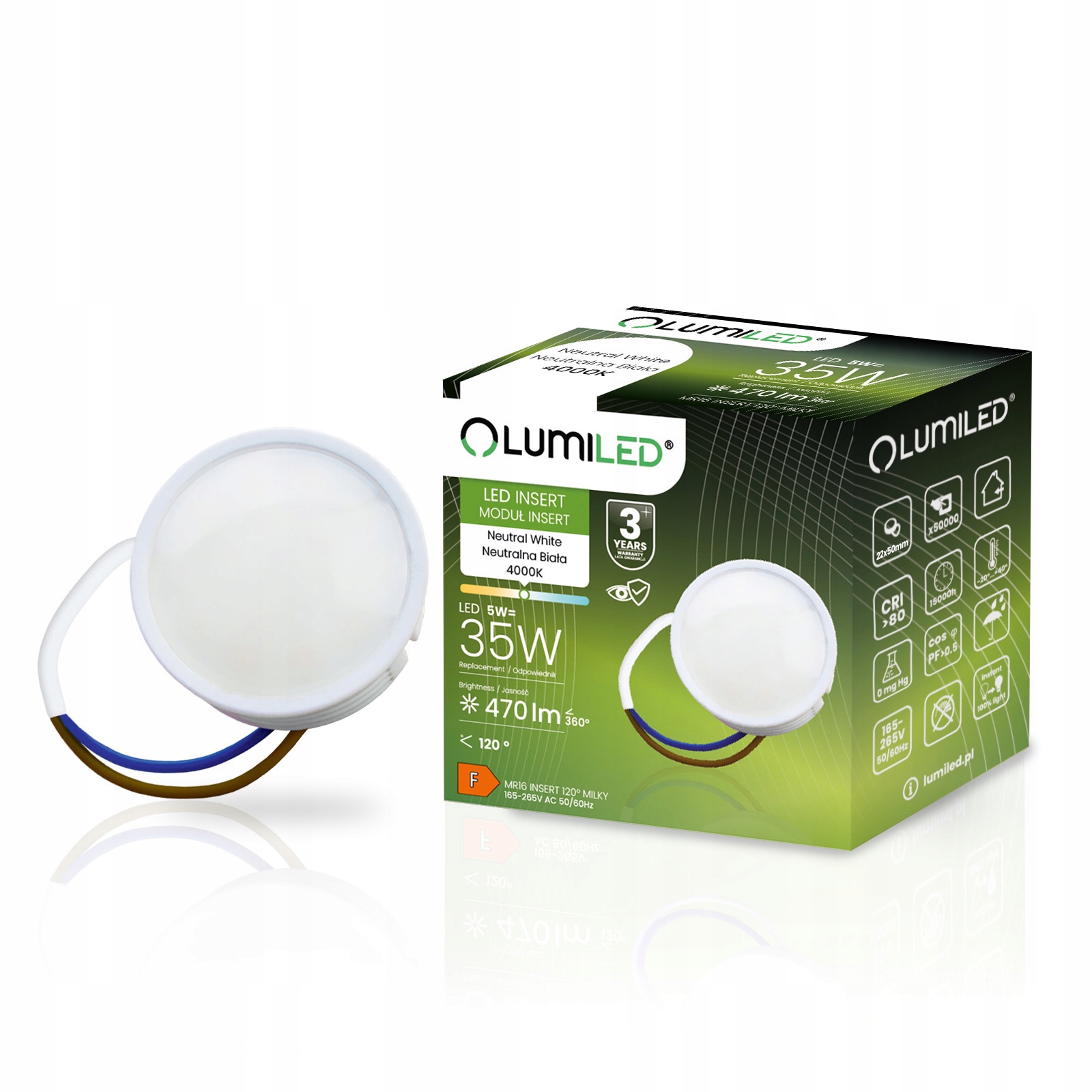 Wkład do Opraw Led MR16 Moduł Insert 5W 35W 120° 470lm 4000K Neutralny
