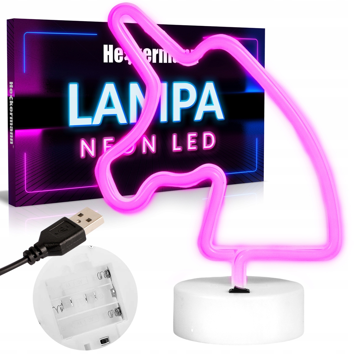 Neon Led Lampka Jednorożec Z Podstawką Usb 3xAA