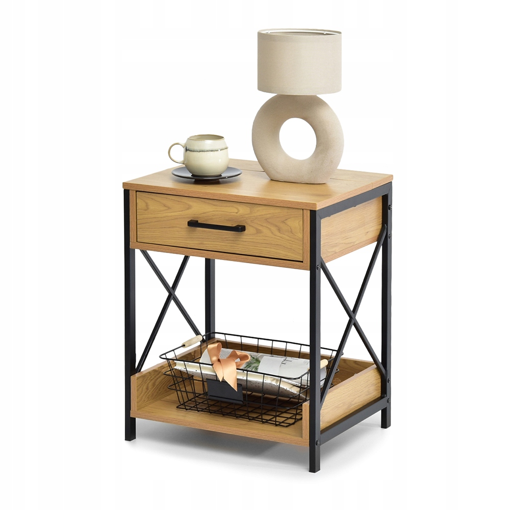 Dębowa Szafka Nocna Z Szufladą Stolik Z Gniazdem I Usb Tori Czarny Stelaż