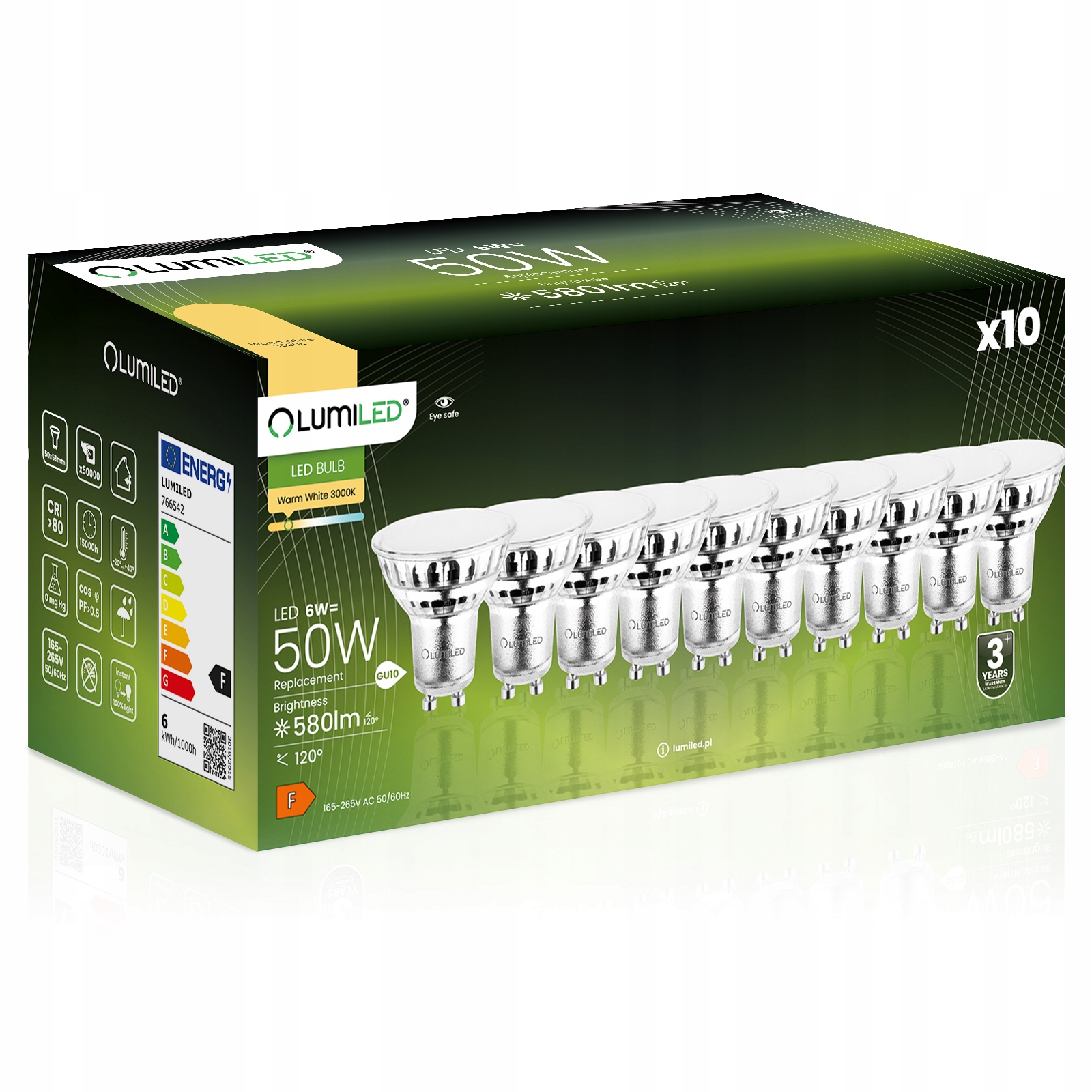 10x Żarówka Led GU10 6W 50W 580lm 3000K Ciepła 120° Szklana Lumiled