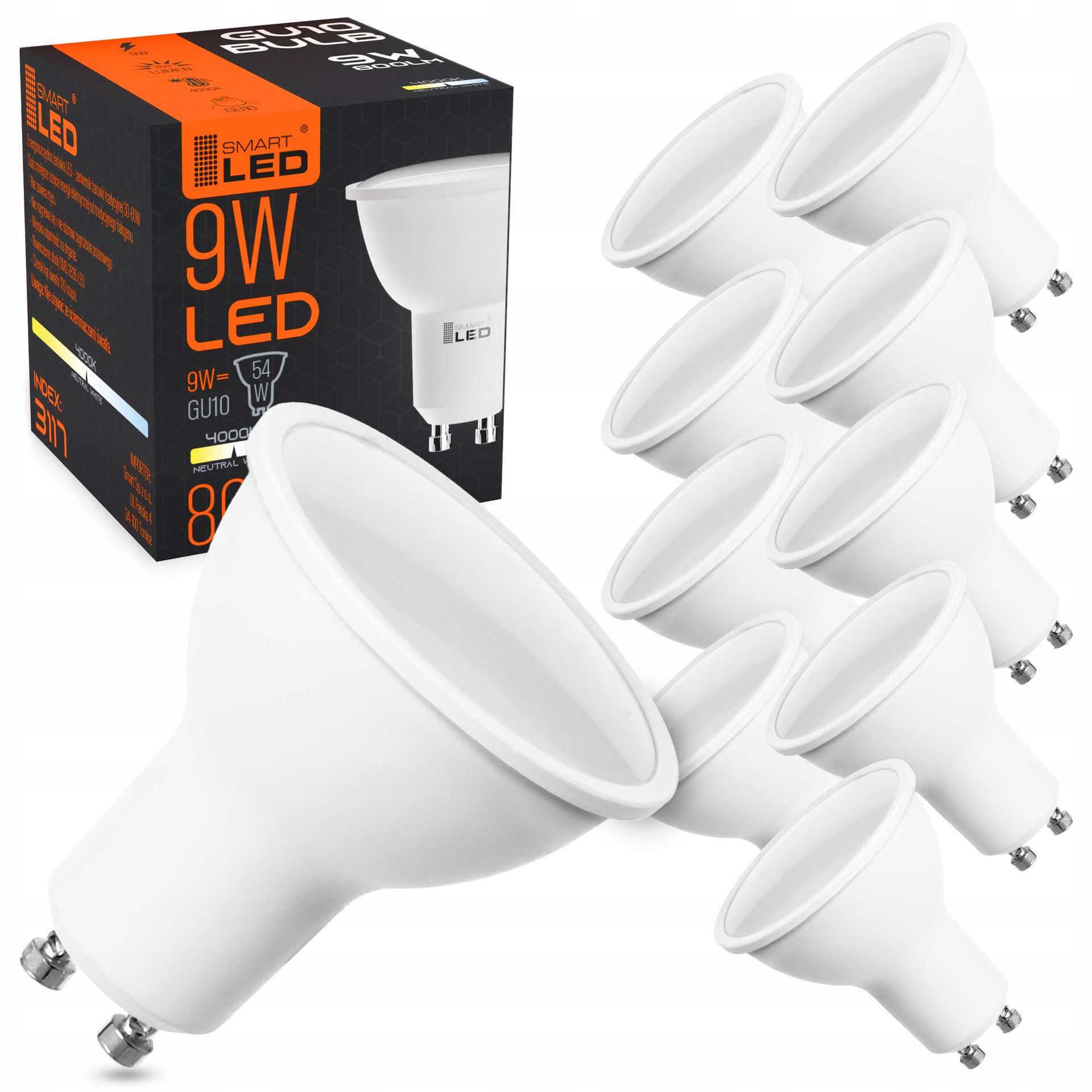 Żarówka GU10 Led 2835 Smd 9W Neutralna Biała energooszczędna nie mruga CCD