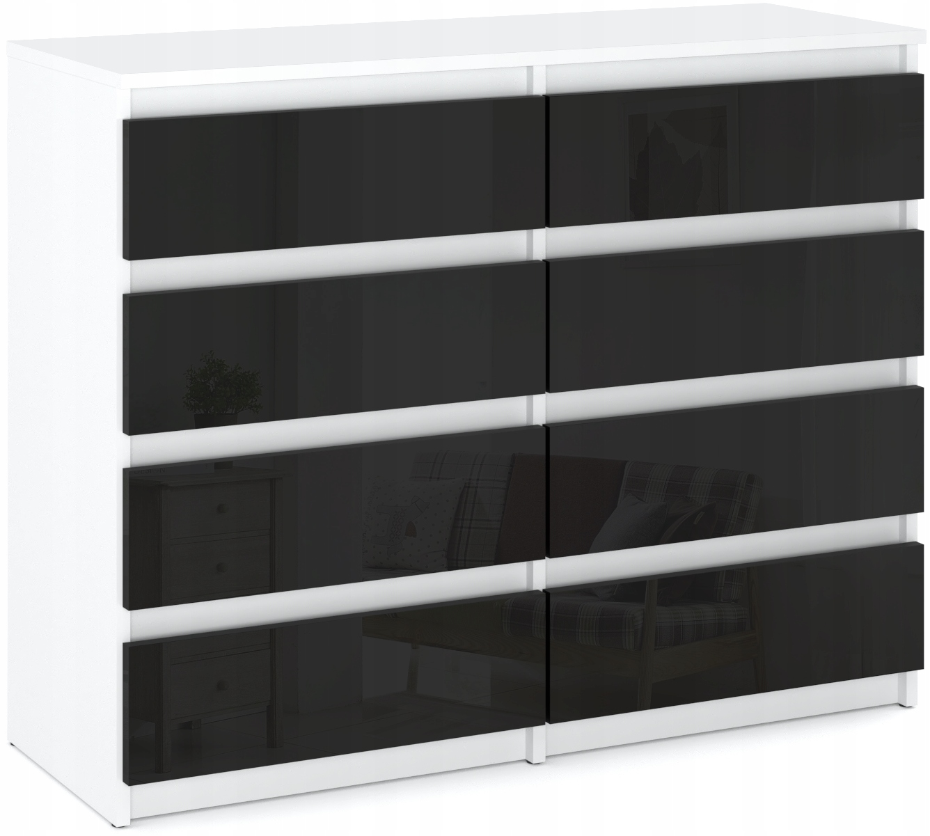 Komoda 8 Szuflad 120CM Szafka Biały Czarny Połysk