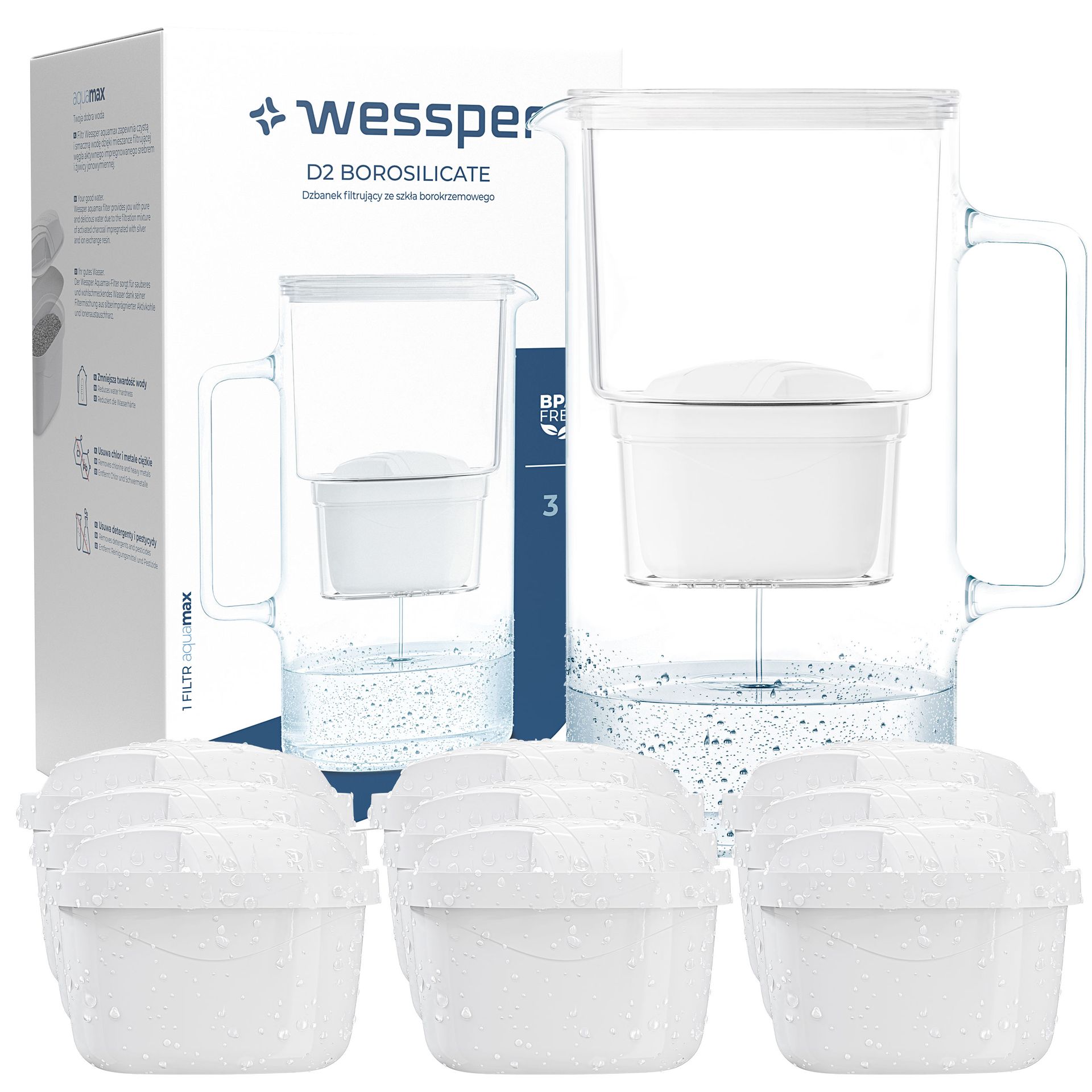 Dzbanek filtrujący szklany Wessper AquaMax 3l 10x Filtr do wody