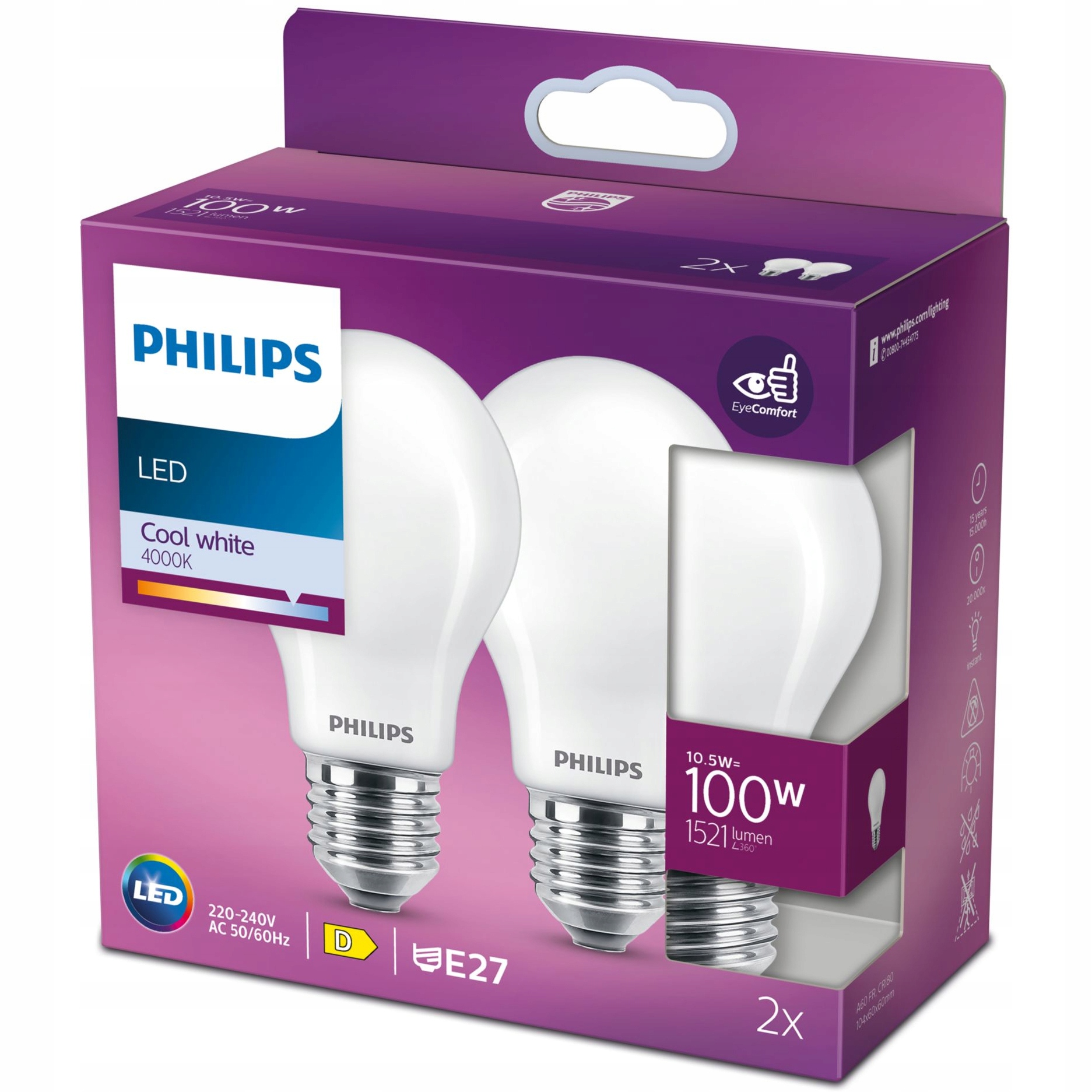 2x Żarówka Led E27 A60 10.5W 100W 1521lm 4000K Neutralna Filament Philips
