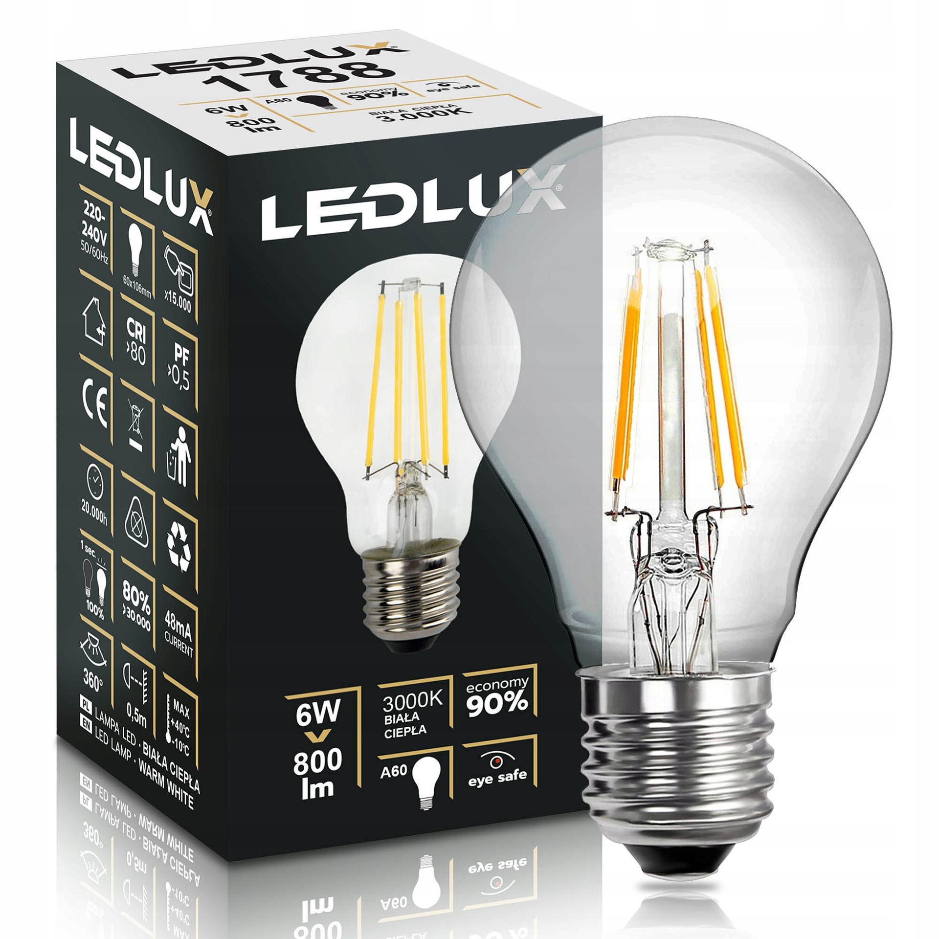 Żarówka E27 Filament 6W =50W 3000K ciepła Premium Ledlux nie mruga edison