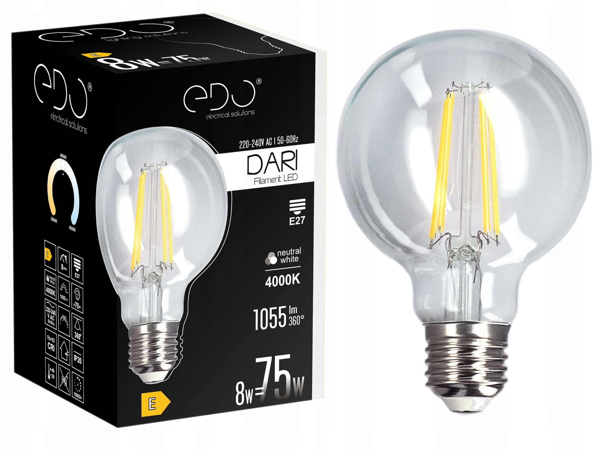 Żarówka Filament Led E27 G80 Clear 8W 4000K neutralny 1055lm Edo