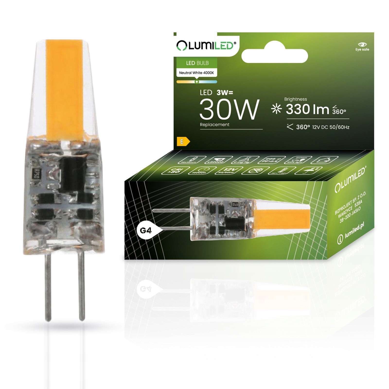 Żarówka Led Kapsułka Mini G4 3W 30W 4000K Neutralna Barwa Cob 12V Lumiled