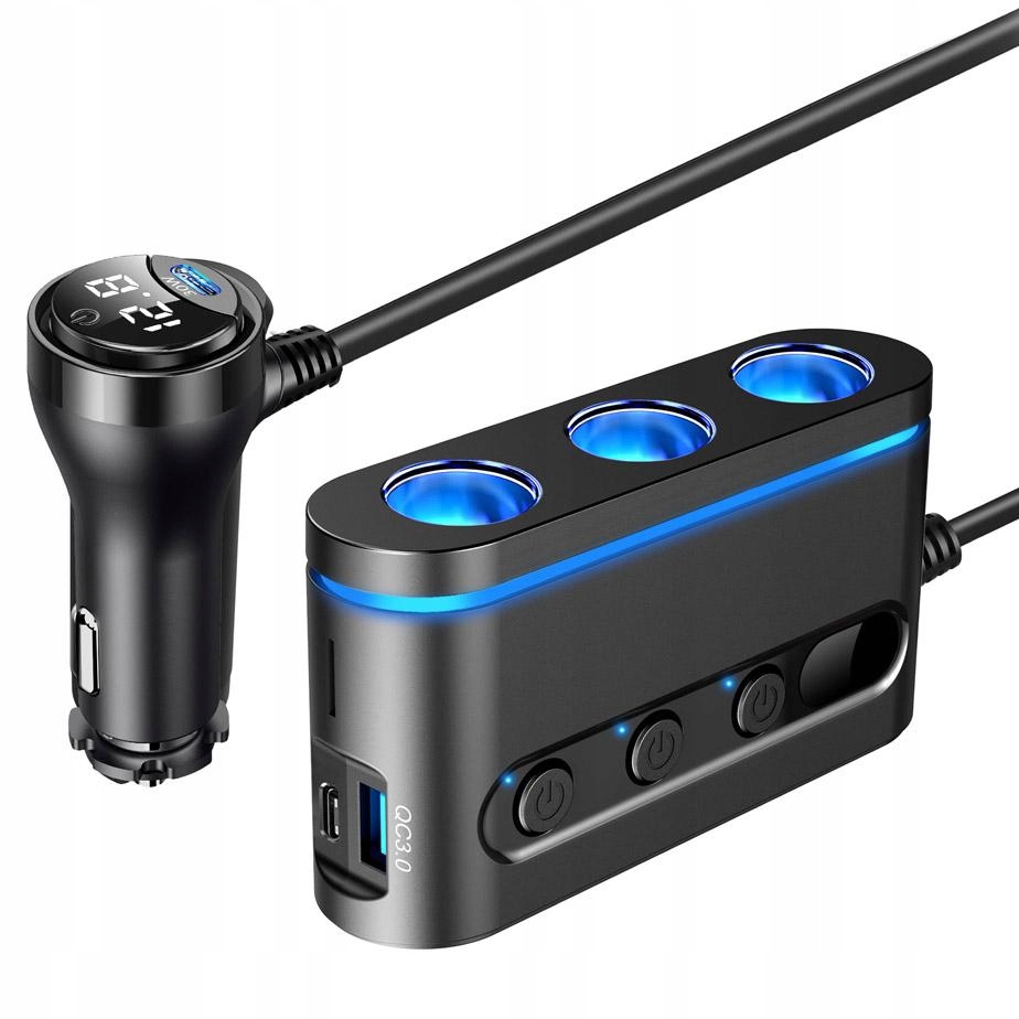 Rozgałęziacz Rozdzielacz Gniazda Zapalniczki 3xUSB Qc Pd z Woltomierzem
