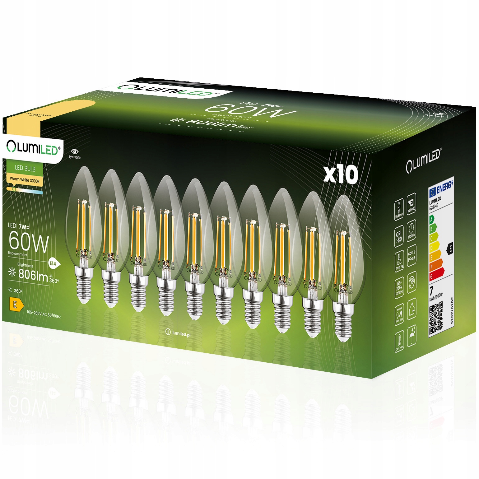 10x Żarówka Led E14 Świeca 7W 60W 3000K Lumiled