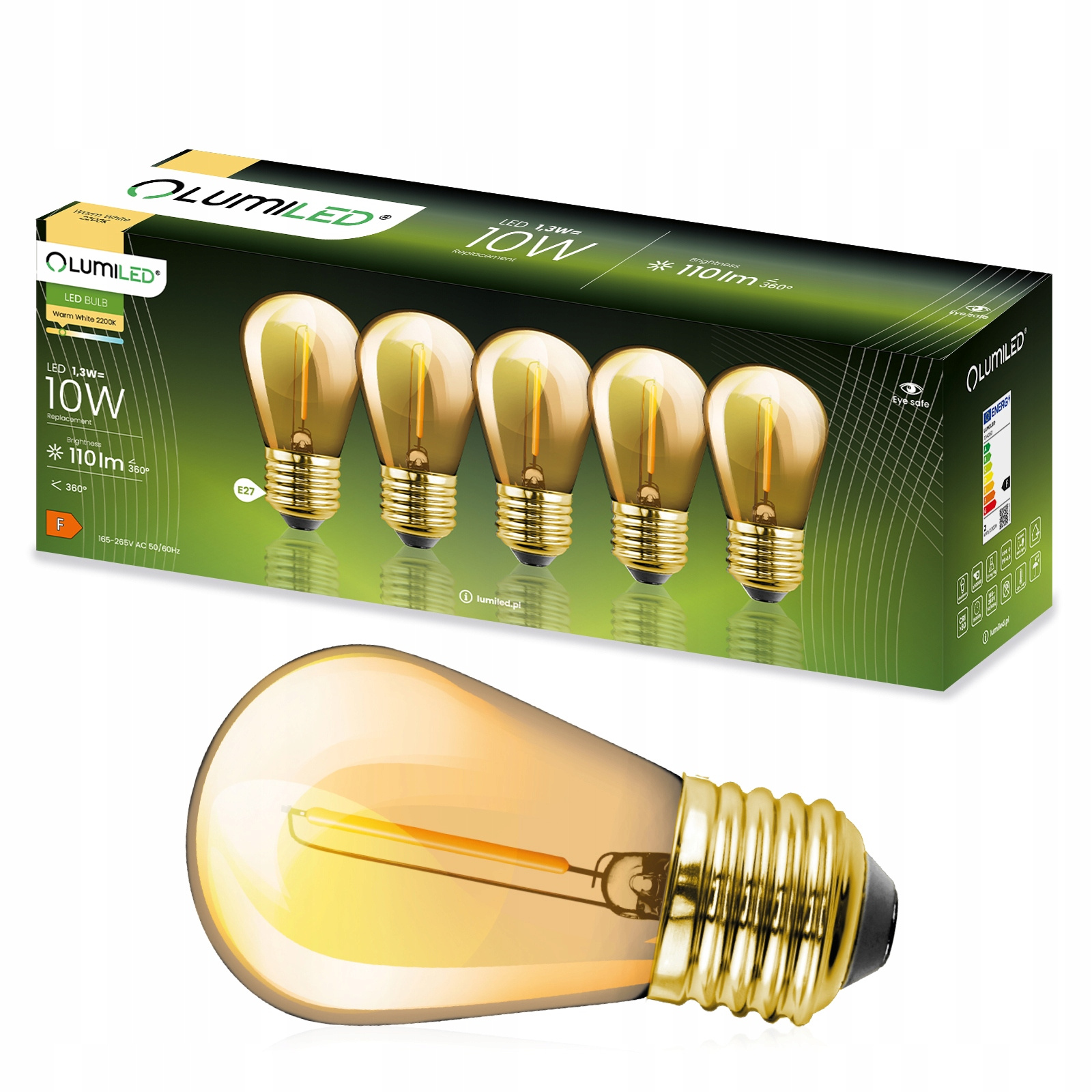 5-PAK Żarówka Led E27 1,3W 10W 2200K Ciepła 110lm Filament do Girlandy