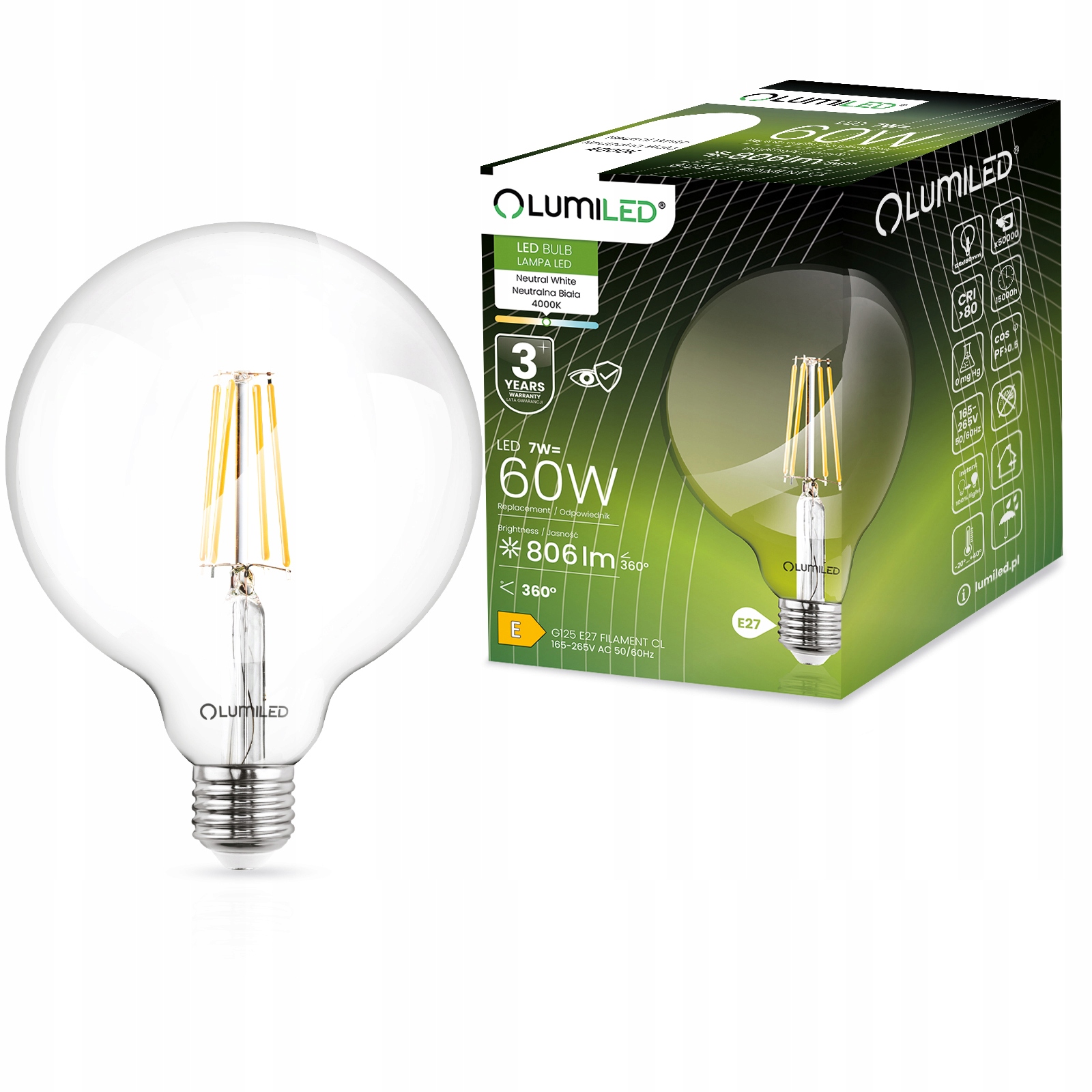 Żarówka Led E27 G125 Filament 7W Globe Neutralna Dekoracyjna Retro Lumiled