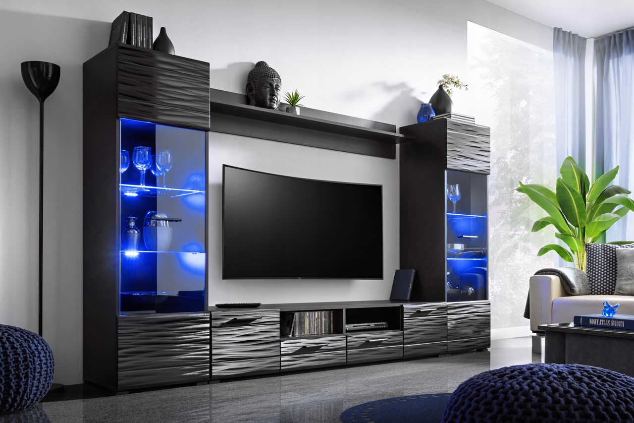Meblościanka Modica Furnival Czarna 3D Led