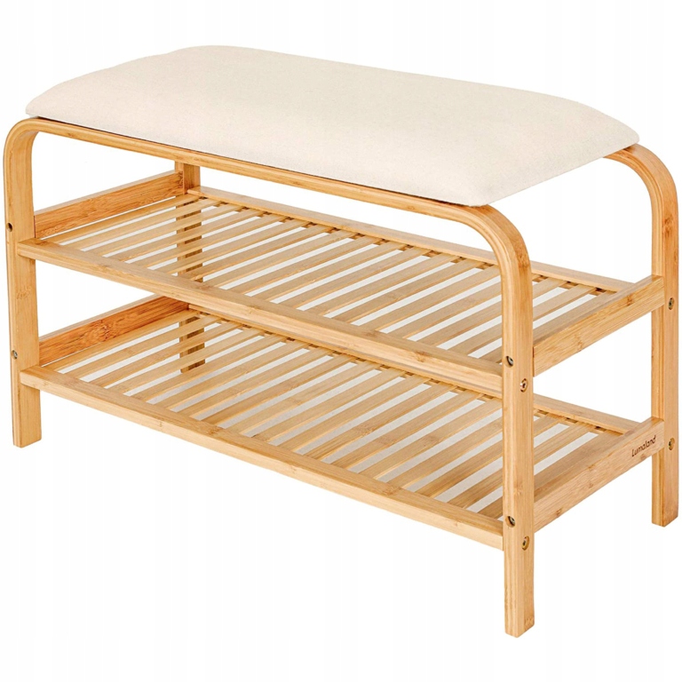 Półka na Buty Szafka Stojak Regał z Siedziskiem Bambusowa 70x30x46 Beżowa