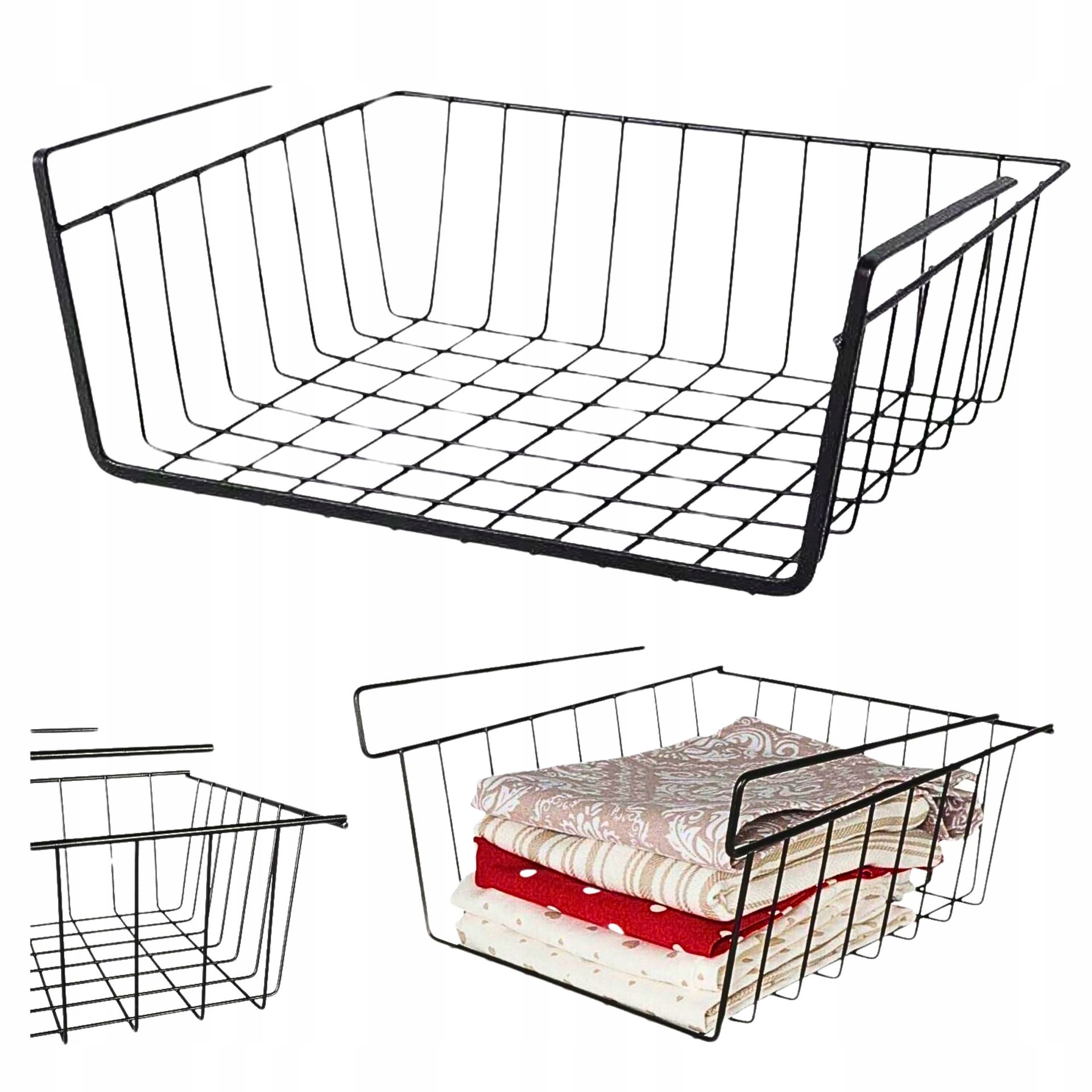Koszyk Podwieszany Pod Półkę Biurko Organizer Czarny Metalowy Pojemnik 40CM