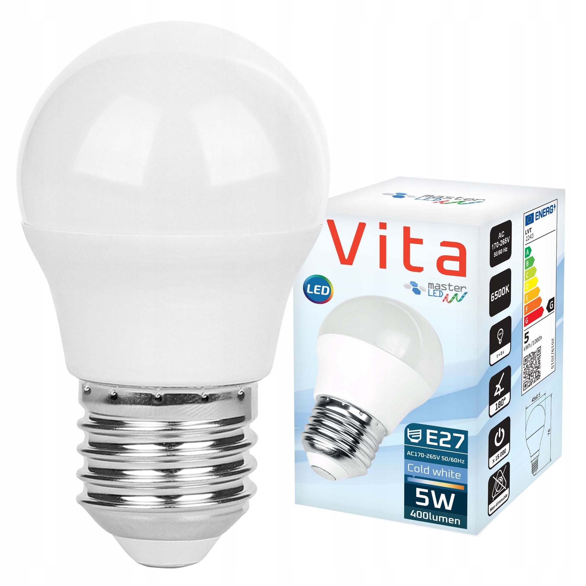 Żarówka Led E27 5W biały zimny 6200K 400lm kula G45 230V
