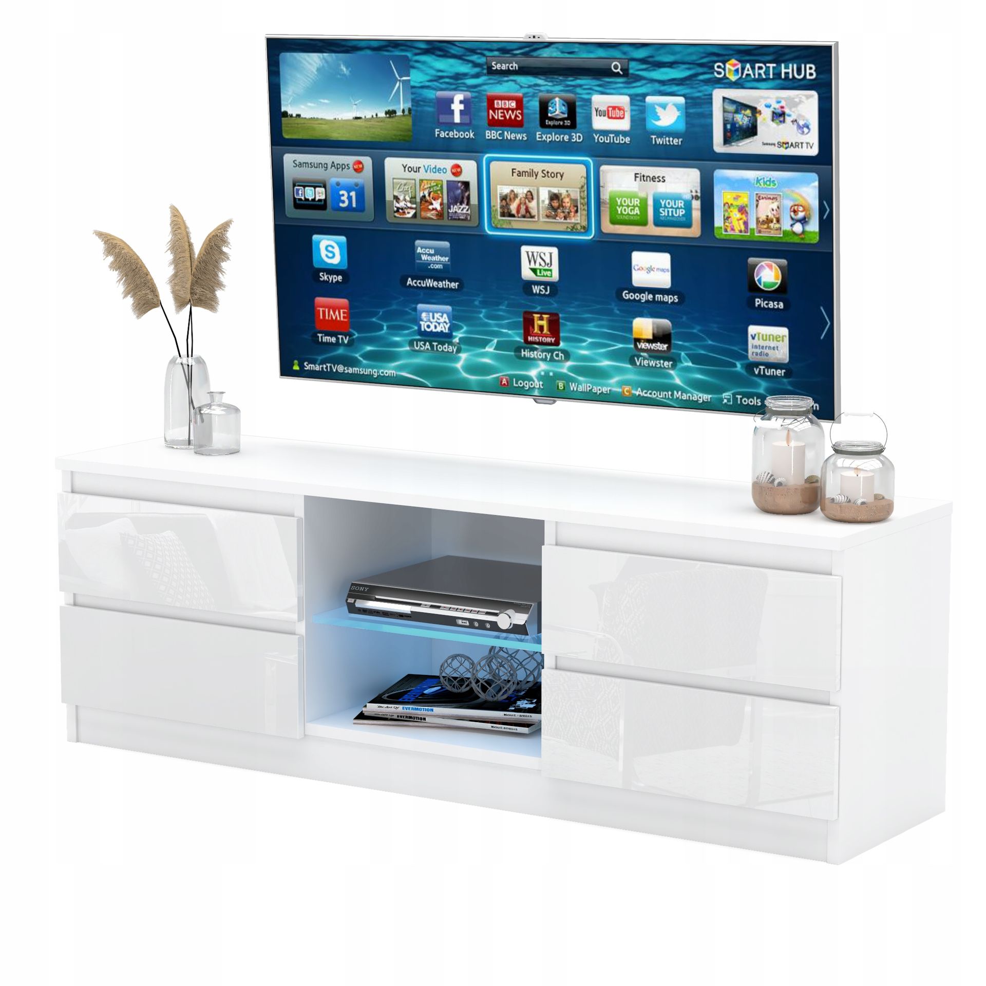 Szafka Rtv 138cm Stolik pod Tv Komoda stojąca 4 szuflady Biała/biały Połysk