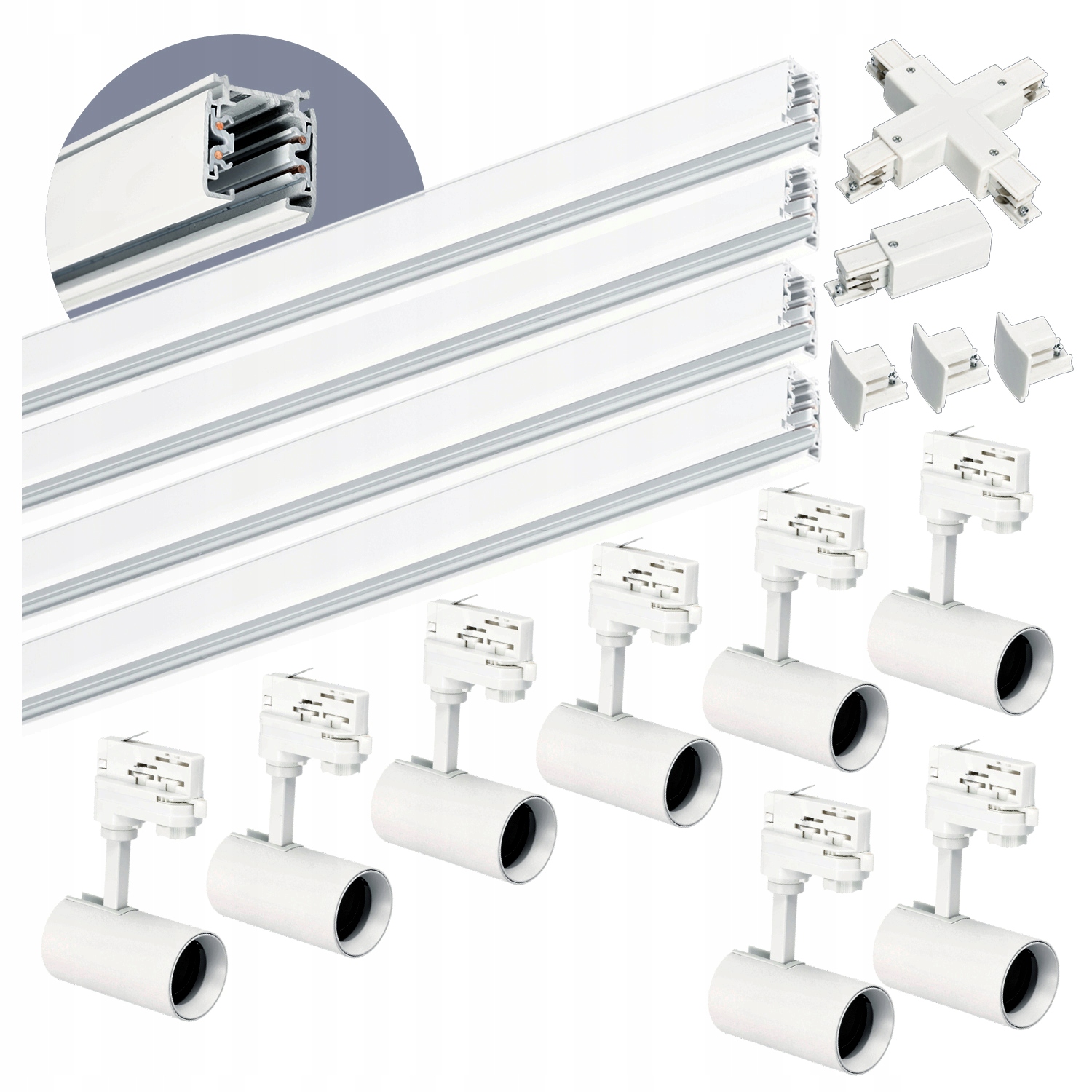 Zestaw szynowy 3 fazowy szyna 1m+1m+1m+1m, 8x Lampa, łącznik X Biały