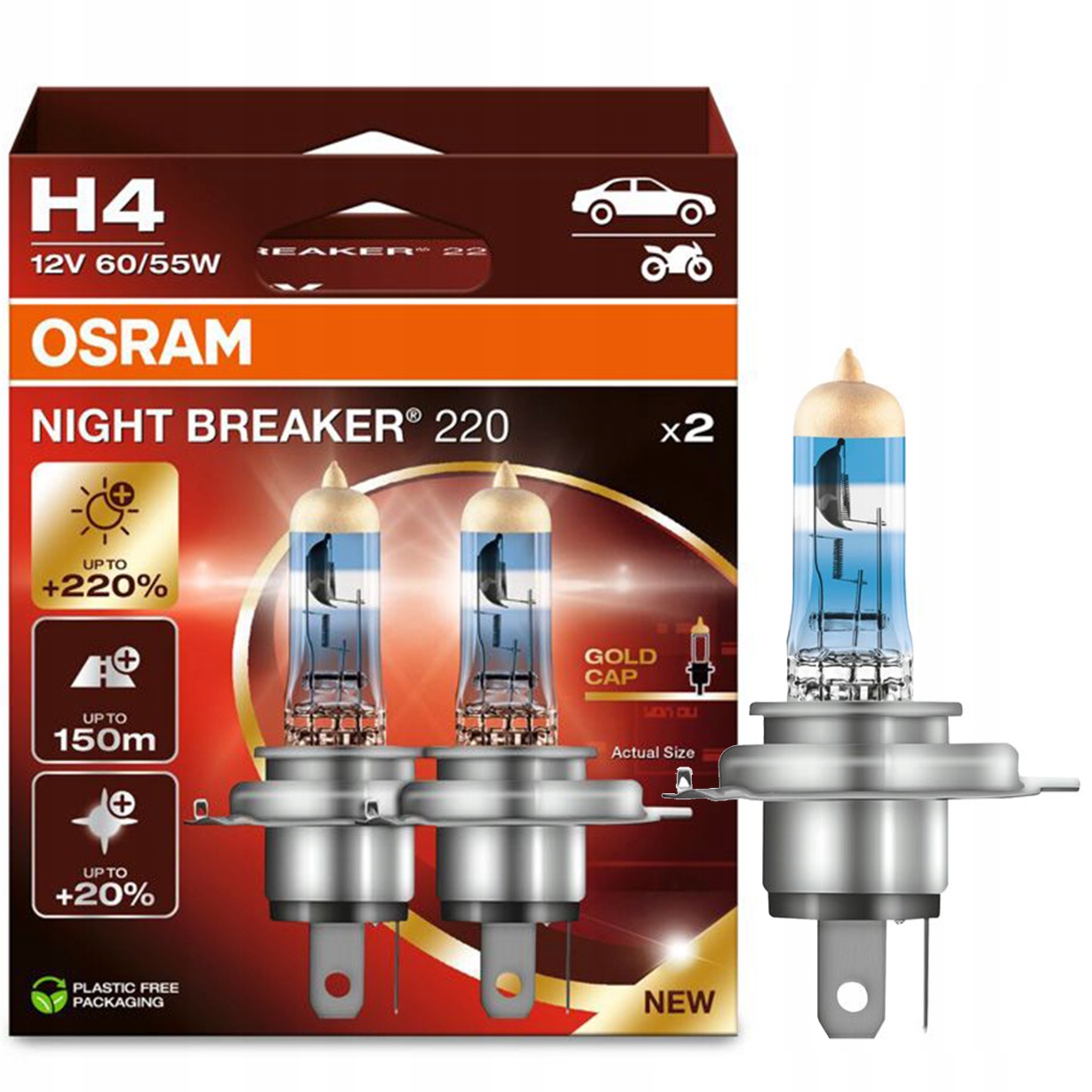 Osram żarówki H4 Night Breaker +220% do +150m +20% bielsze światło