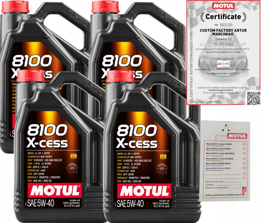 Motul 8100 X-cess 5W40 A3/B4 20L Bmw LL-01 Vw 502 00/ 505 00 Zawieszka