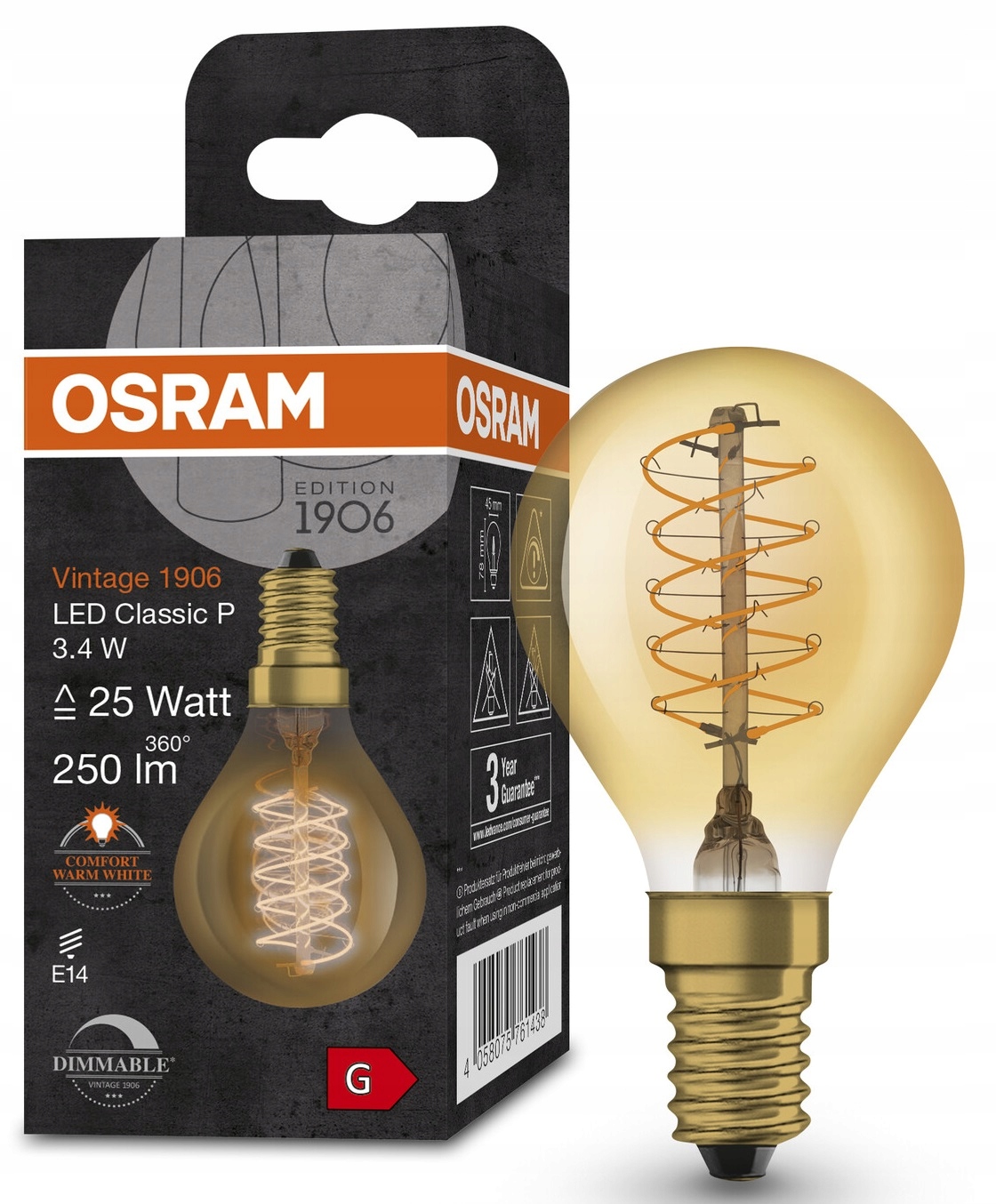 Vintage 1906 Classic P 25 Filament DIM 3.4W 822 Gold E14