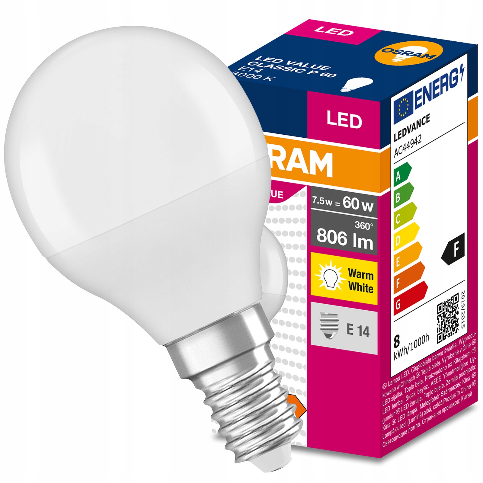 Żarówka Led E14 6,5W 60W 806lm 3000K Ciepła 200° Osram Value