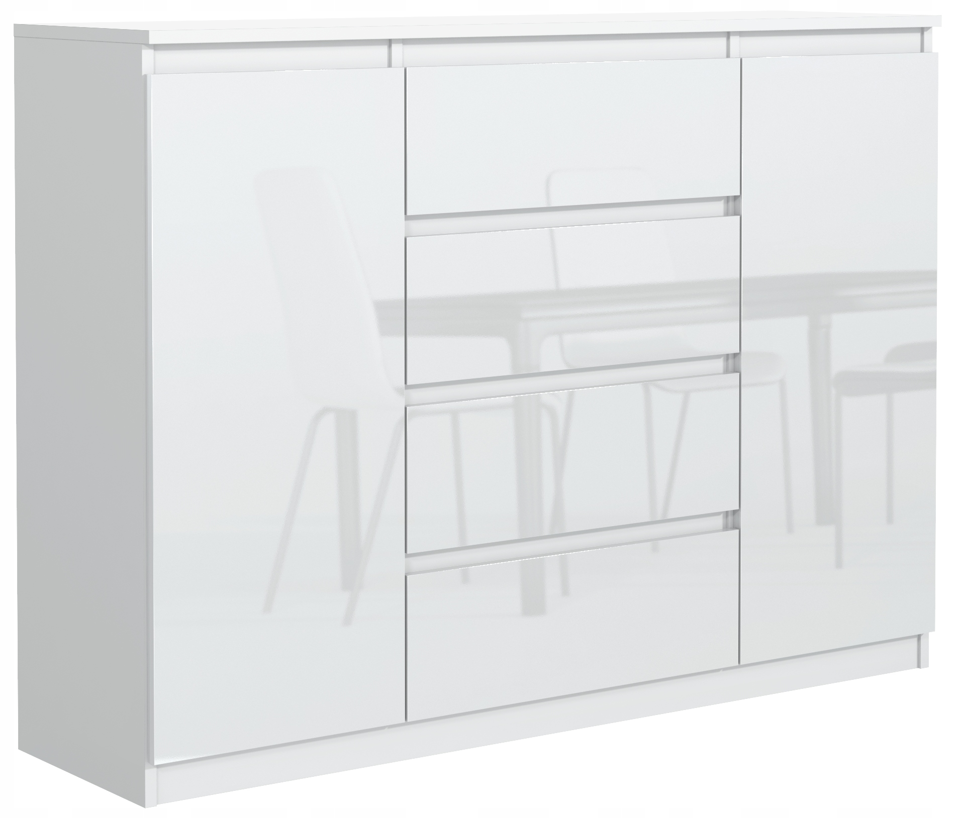 Komoda 2 Drzwi 4 Szuflady 120cm Biała Front Połysk Dwie Półki